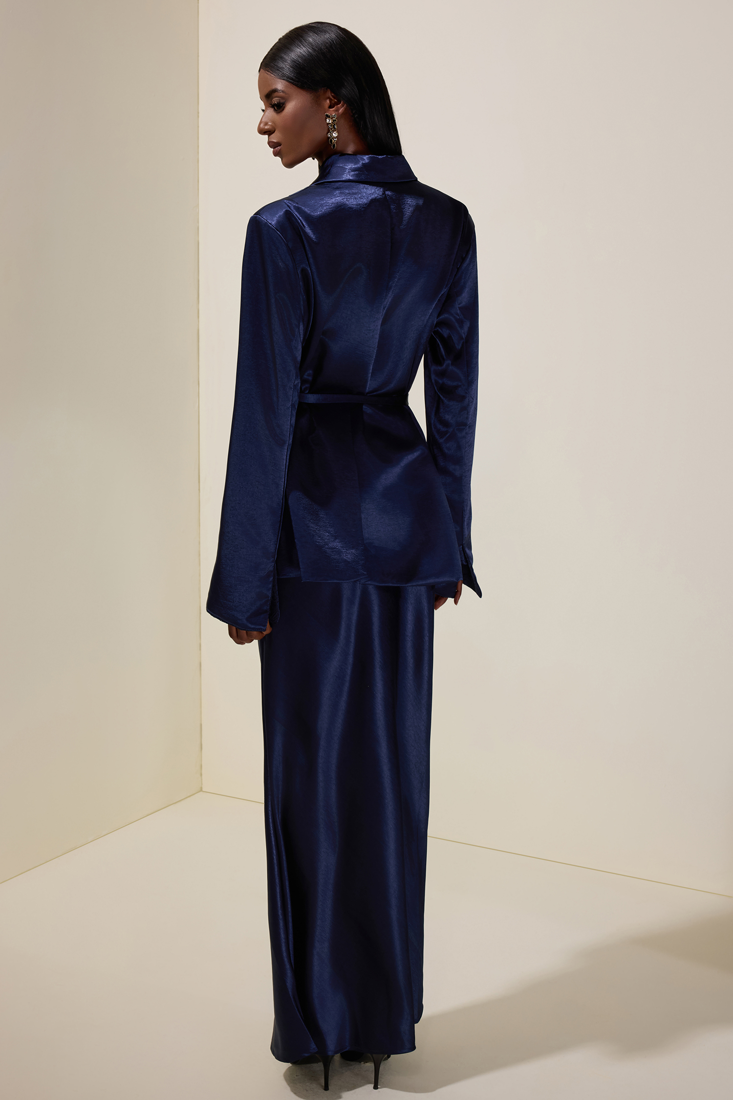 Satin Splicing Lace Blazer & Maxi Dress