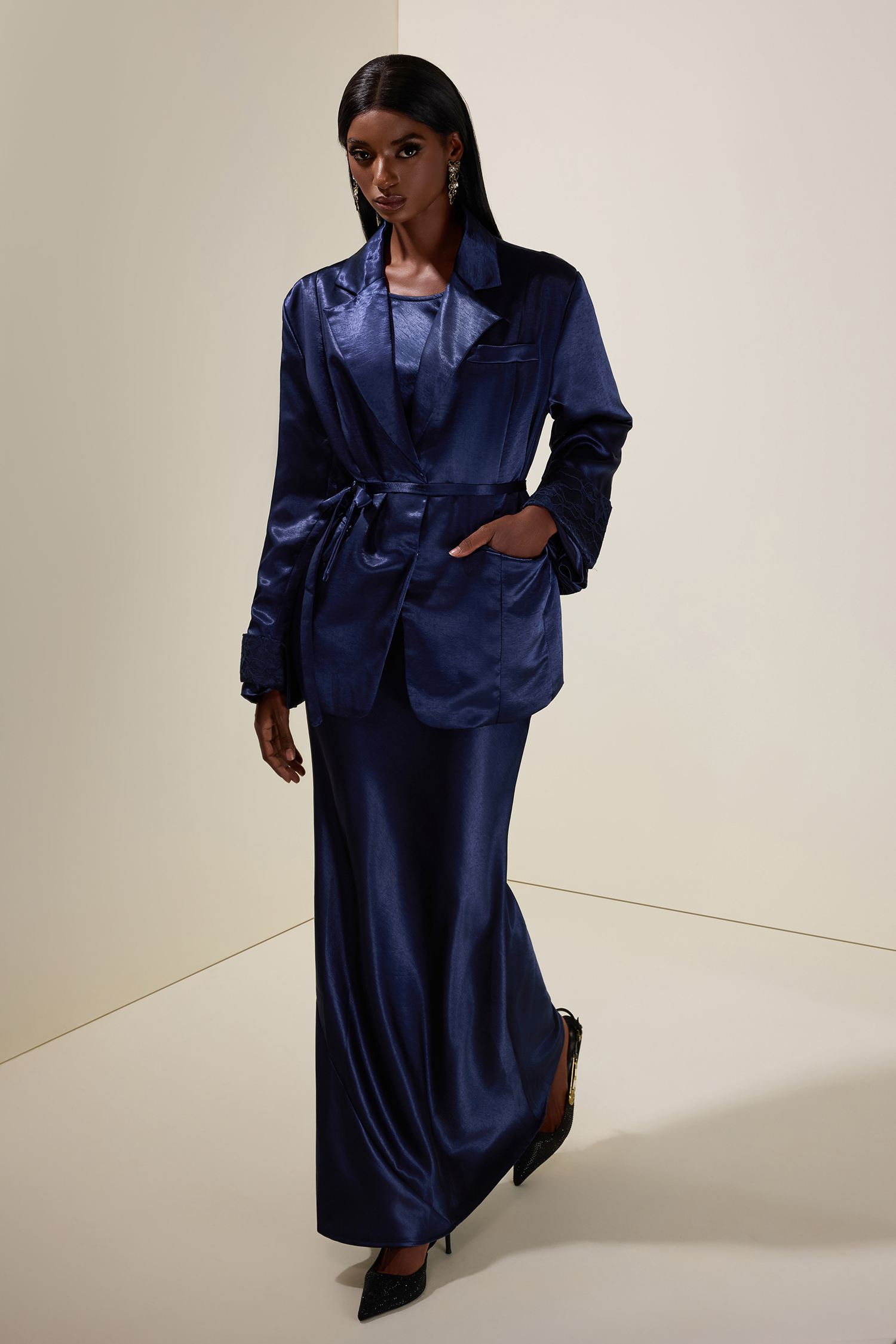 Satin Splicing Lace Blazer & Maxi Dress