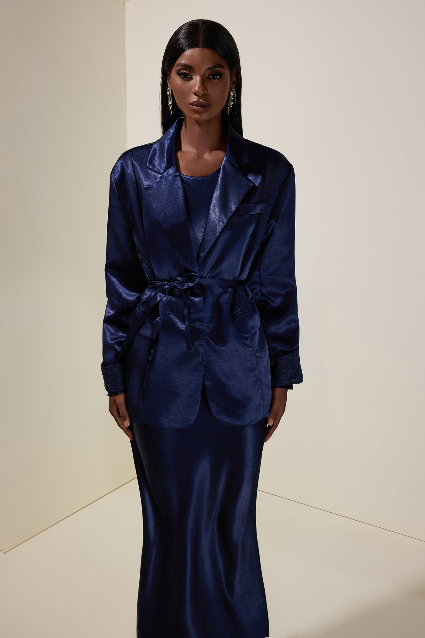 Satin Splicing Lace Blazer & Maxi Dress