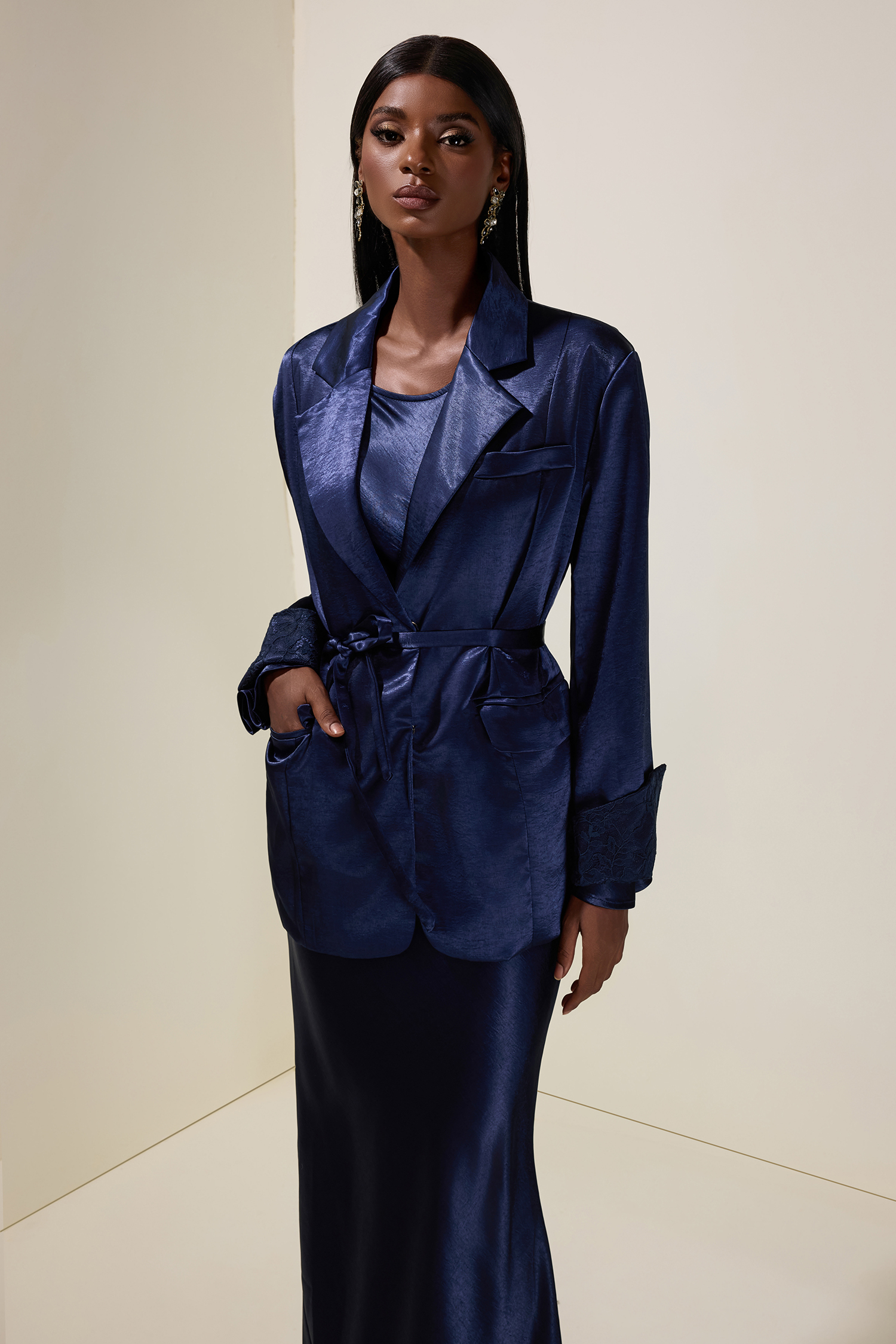 Satin Splicing Lace Blazer & Maxi Dress