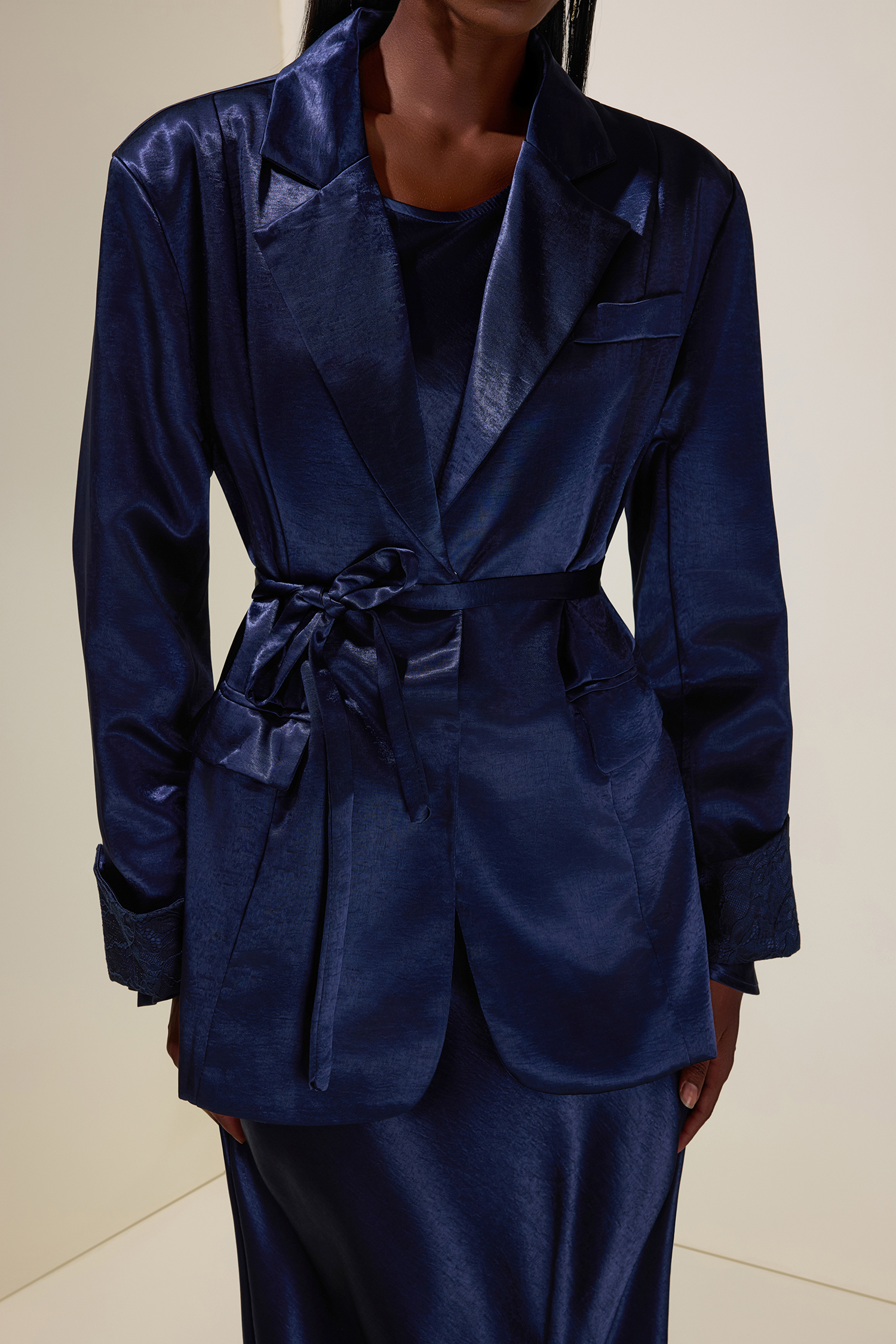 Satin Splicing Lace Blazer & Maxi Dress