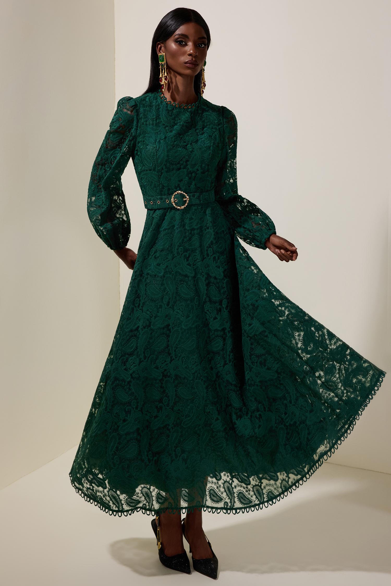 Lace Round Neck Midi Dress With Belt