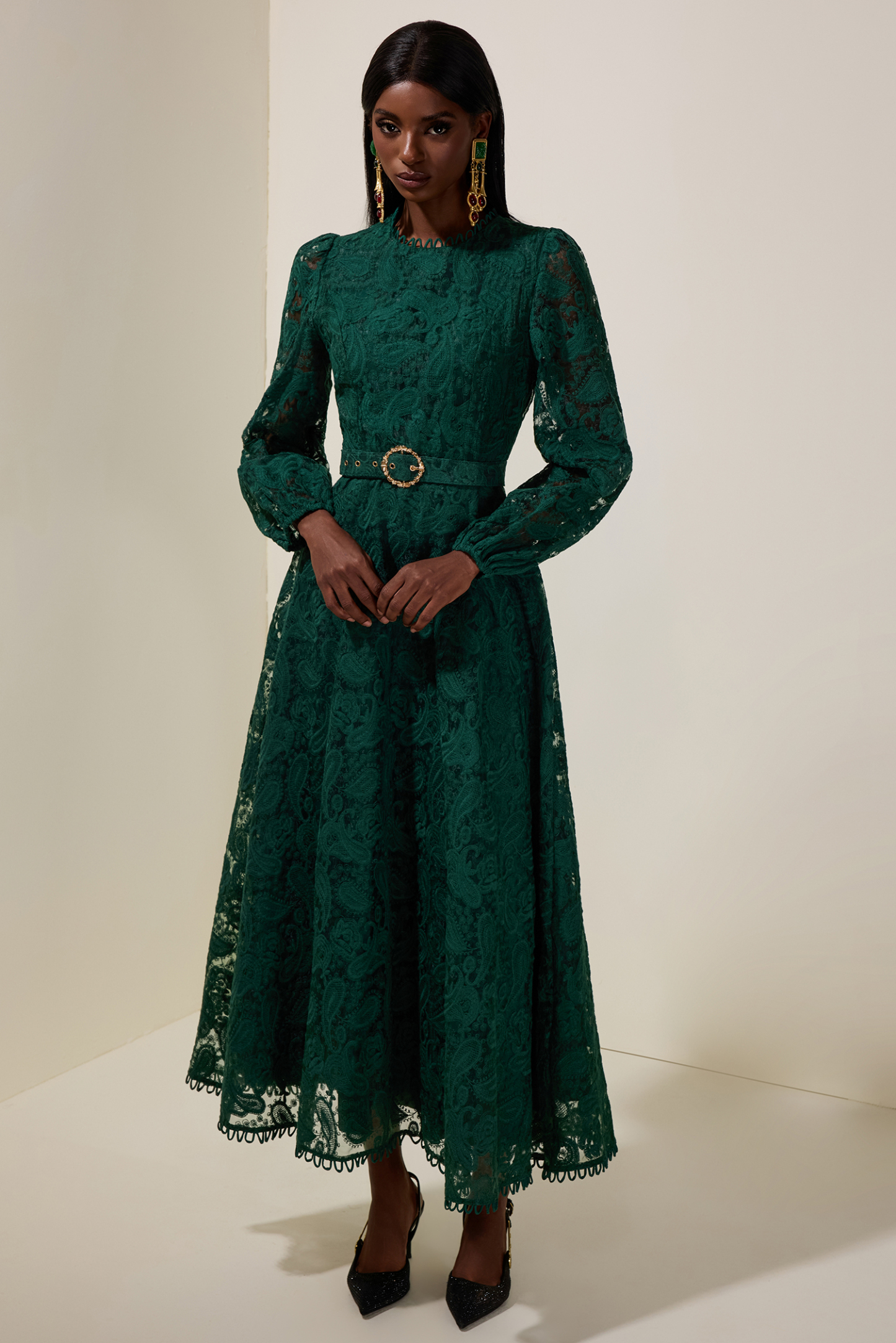 Lace Round Neck Midi Dress With Belt