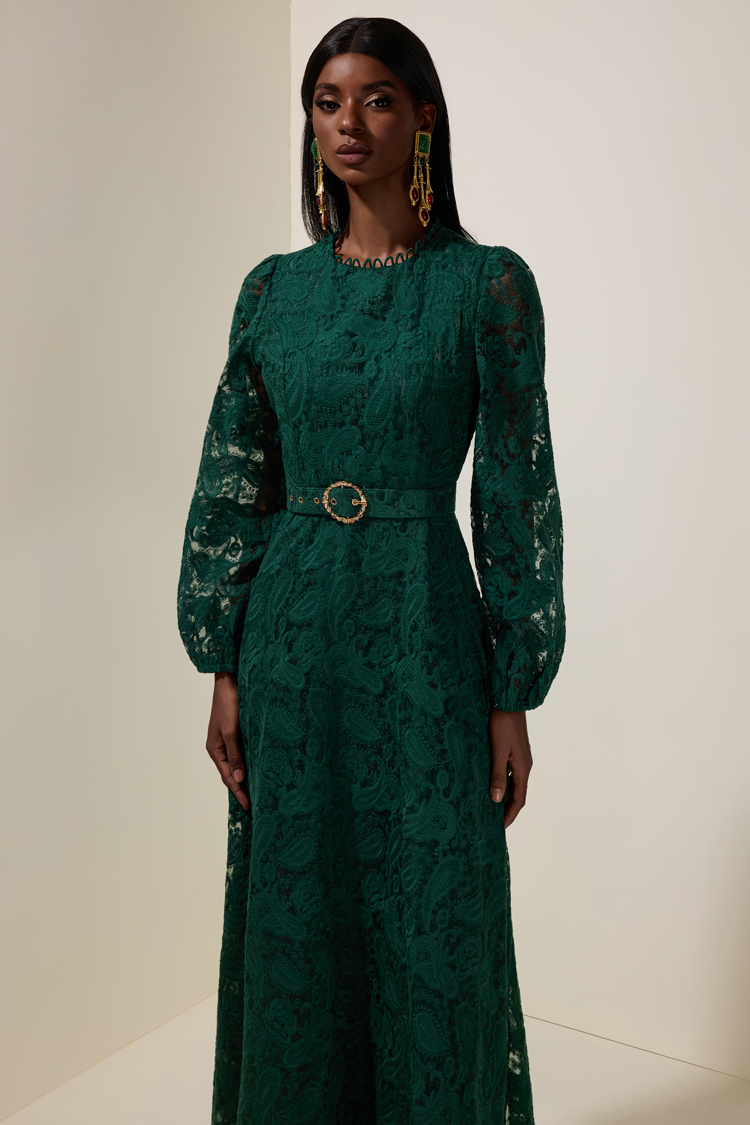 Lace Round Neck Midi Dress With Belt