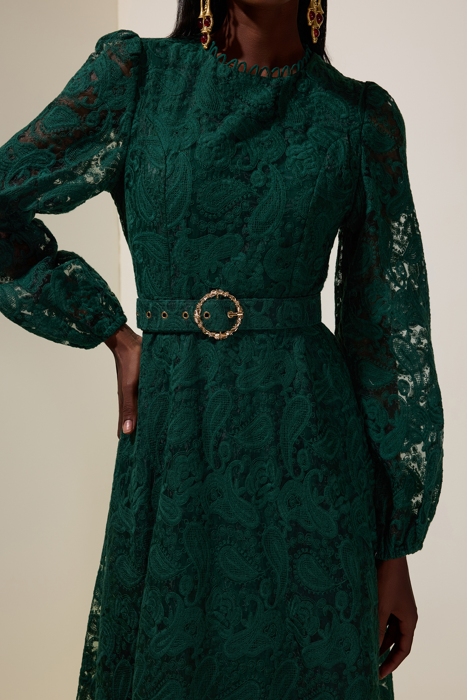 Lace Round Neck Midi Dress With Belt