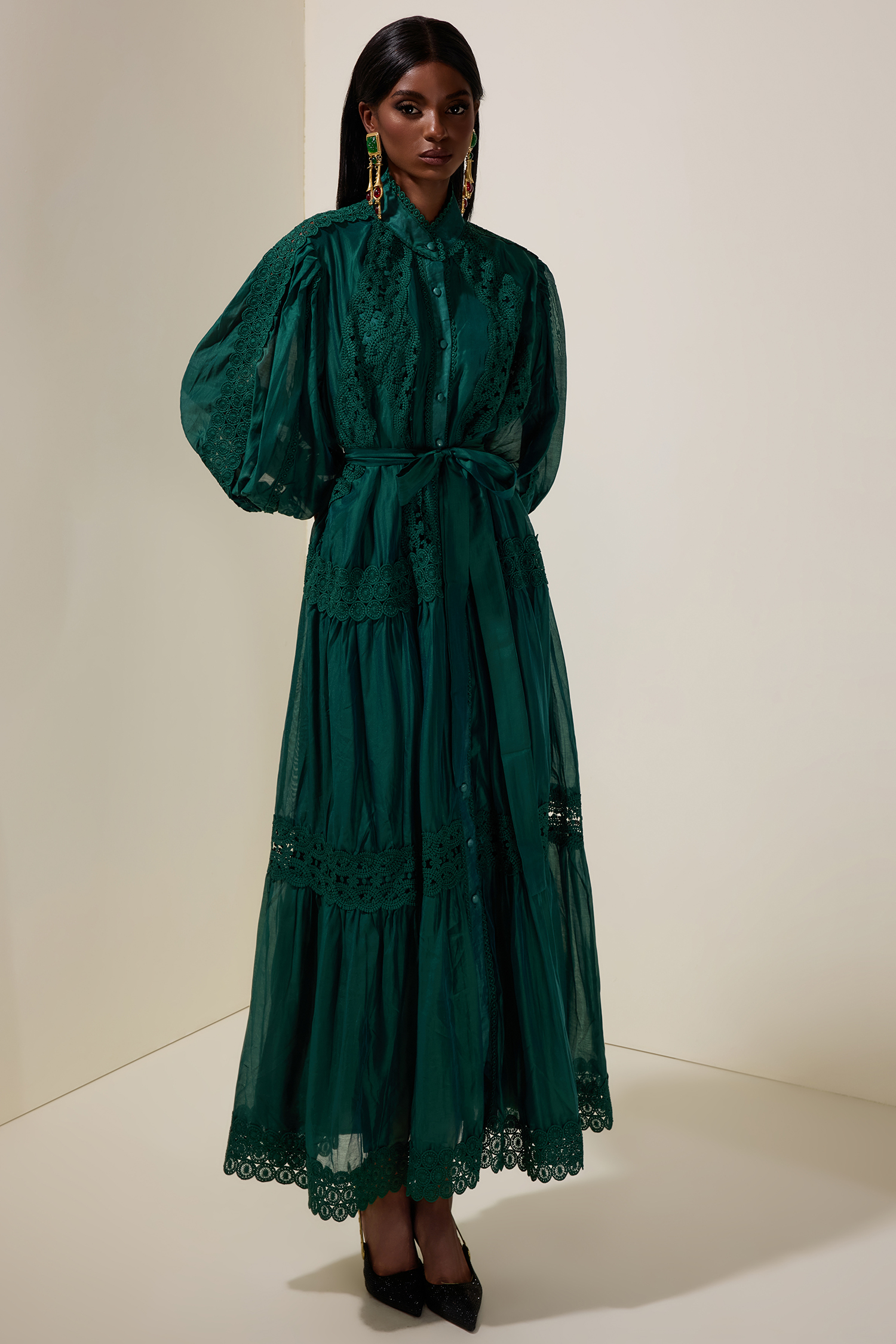 Lace Single Breasted Maxi Dress With Belt