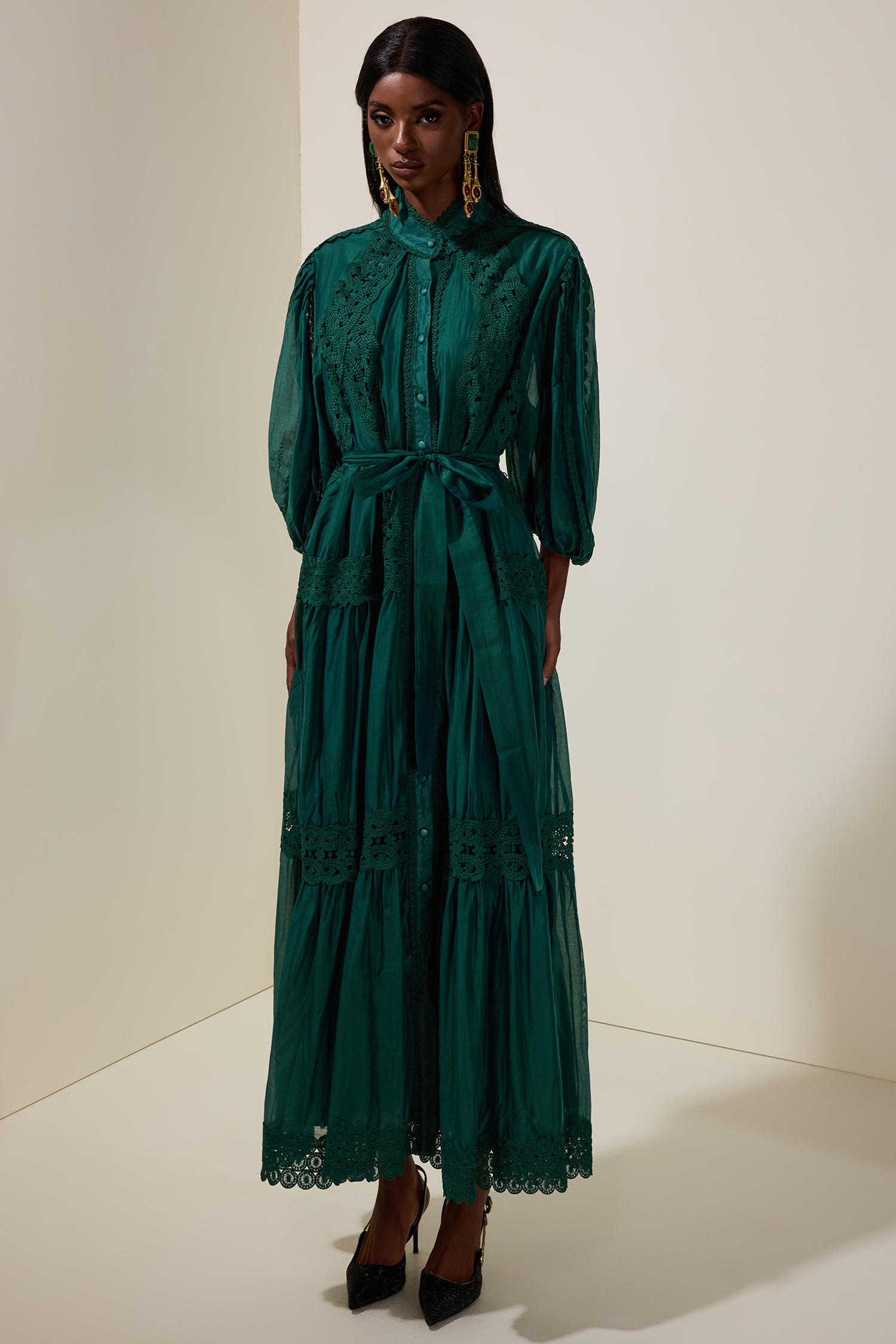 Lace Single Breasted Maxi Dress With Belt