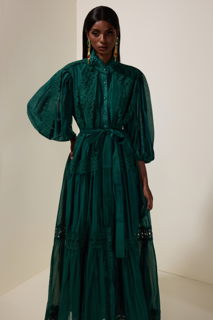 Lace Single Breasted Maxi Dress With Belt