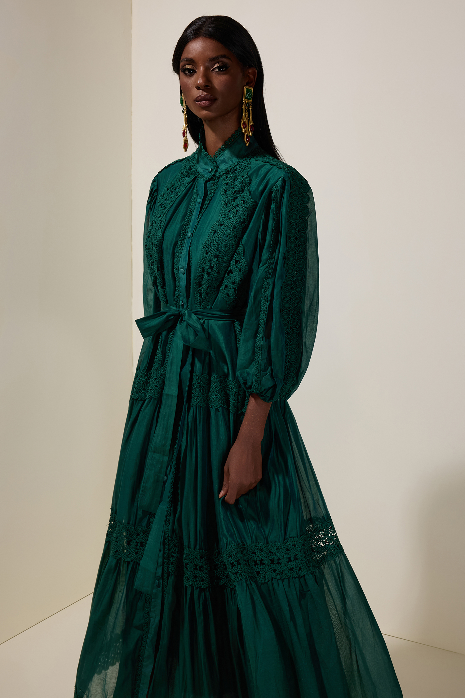 Lace Single Breasted Maxi Dress With Belt