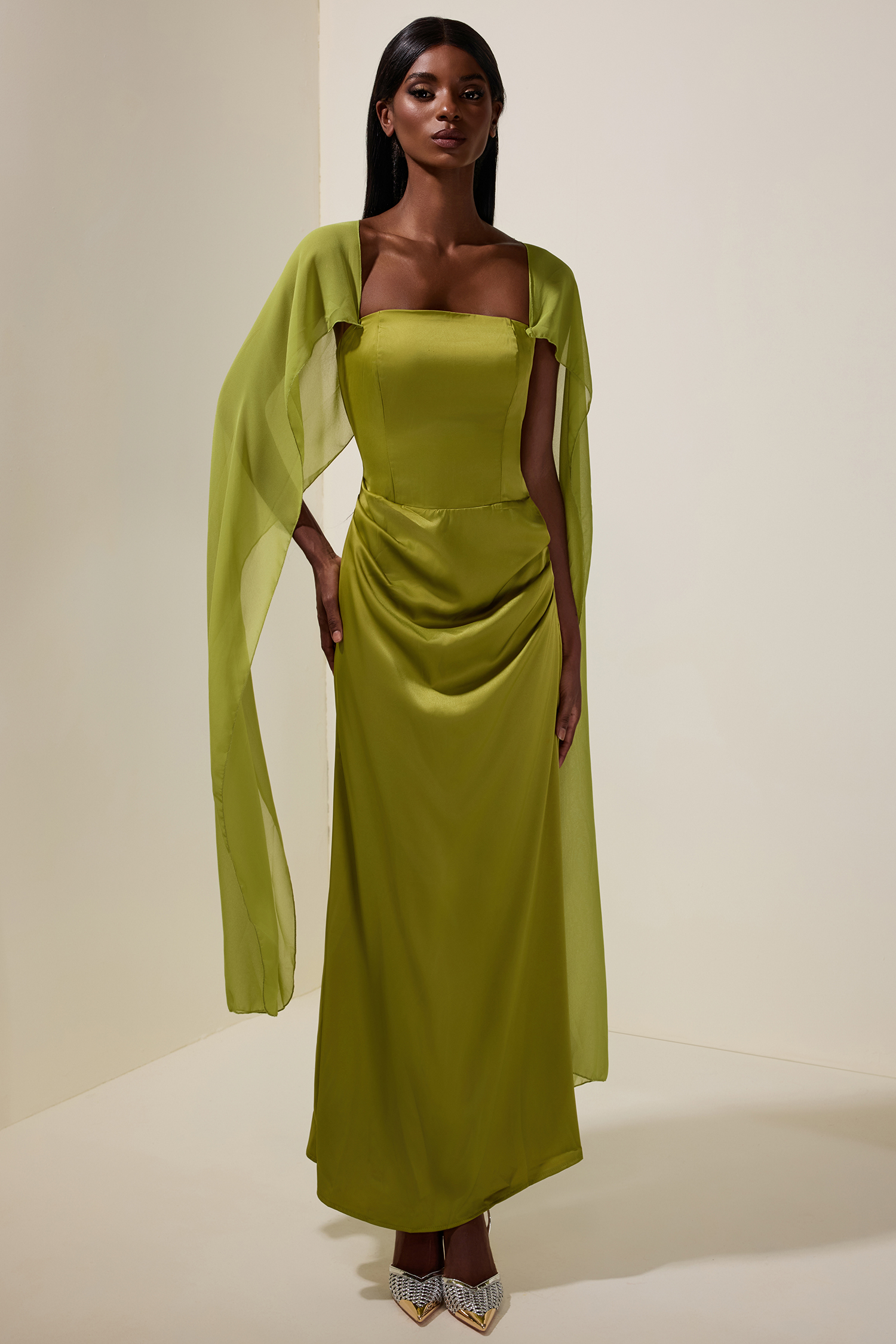 Satin Cape Sleeve Square Collar Midi Dress