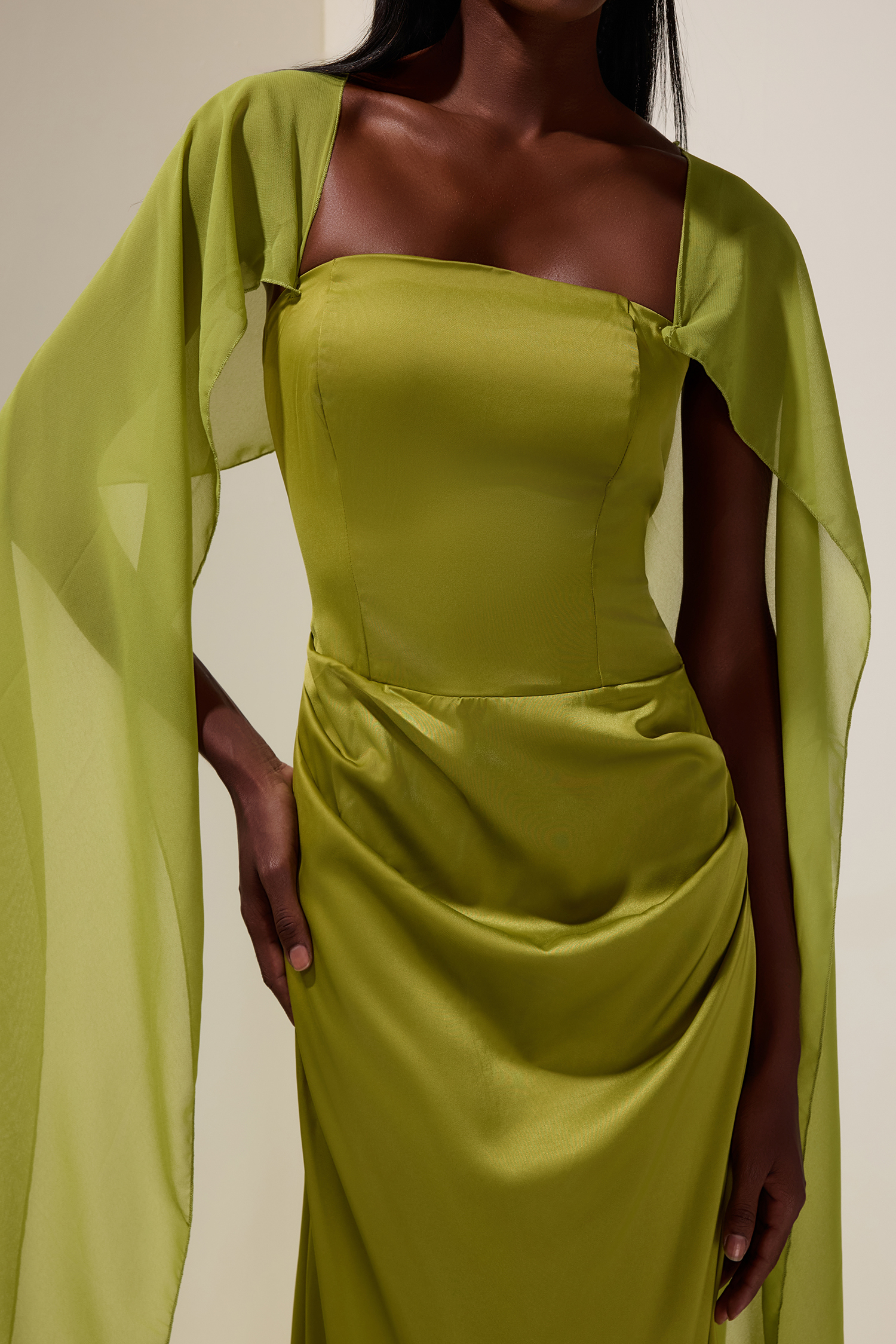 Satin Cape Sleeve Square Collar Midi Dress