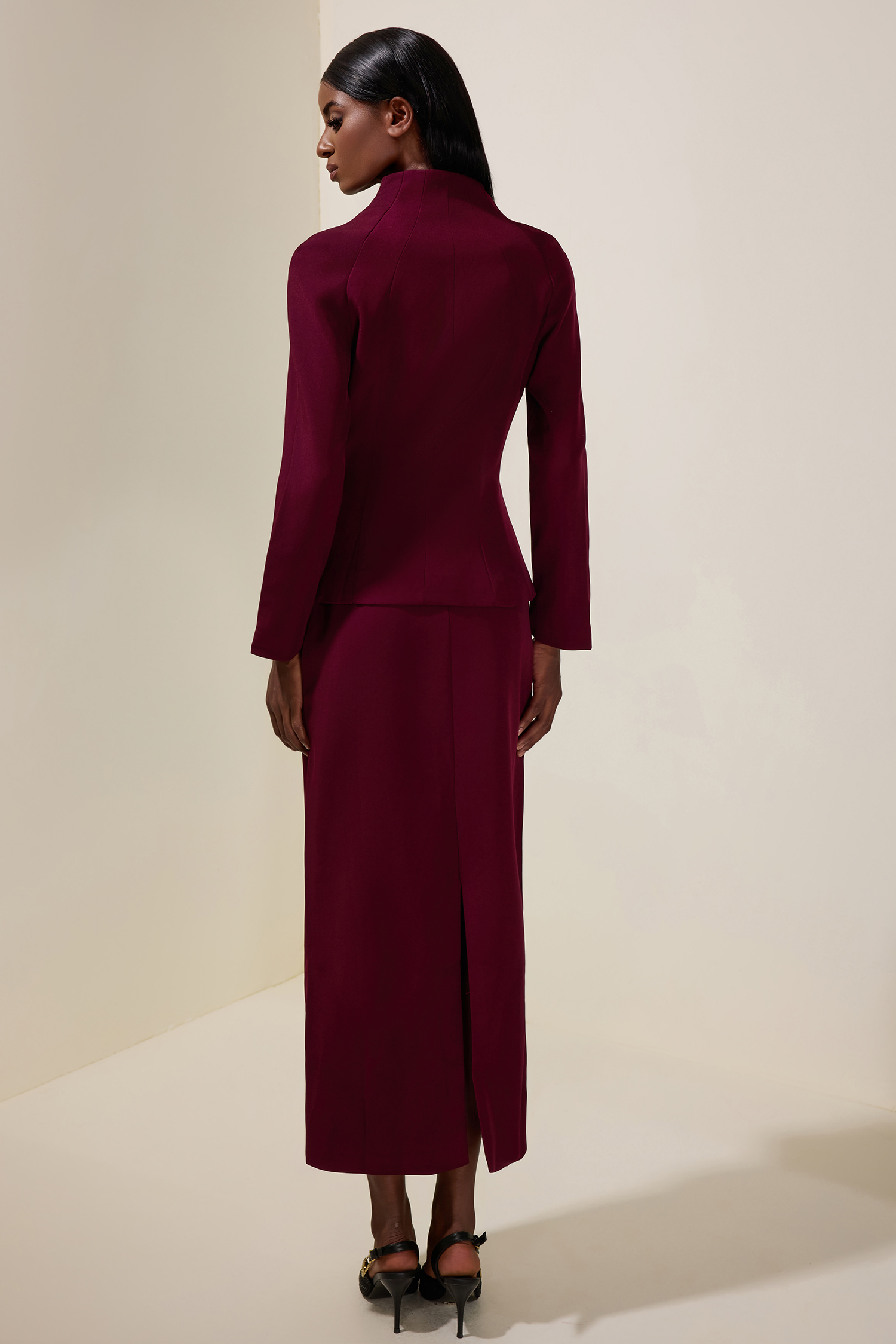 Metal Button Stand Collar Top & Mid Waist Midi Skirt Set