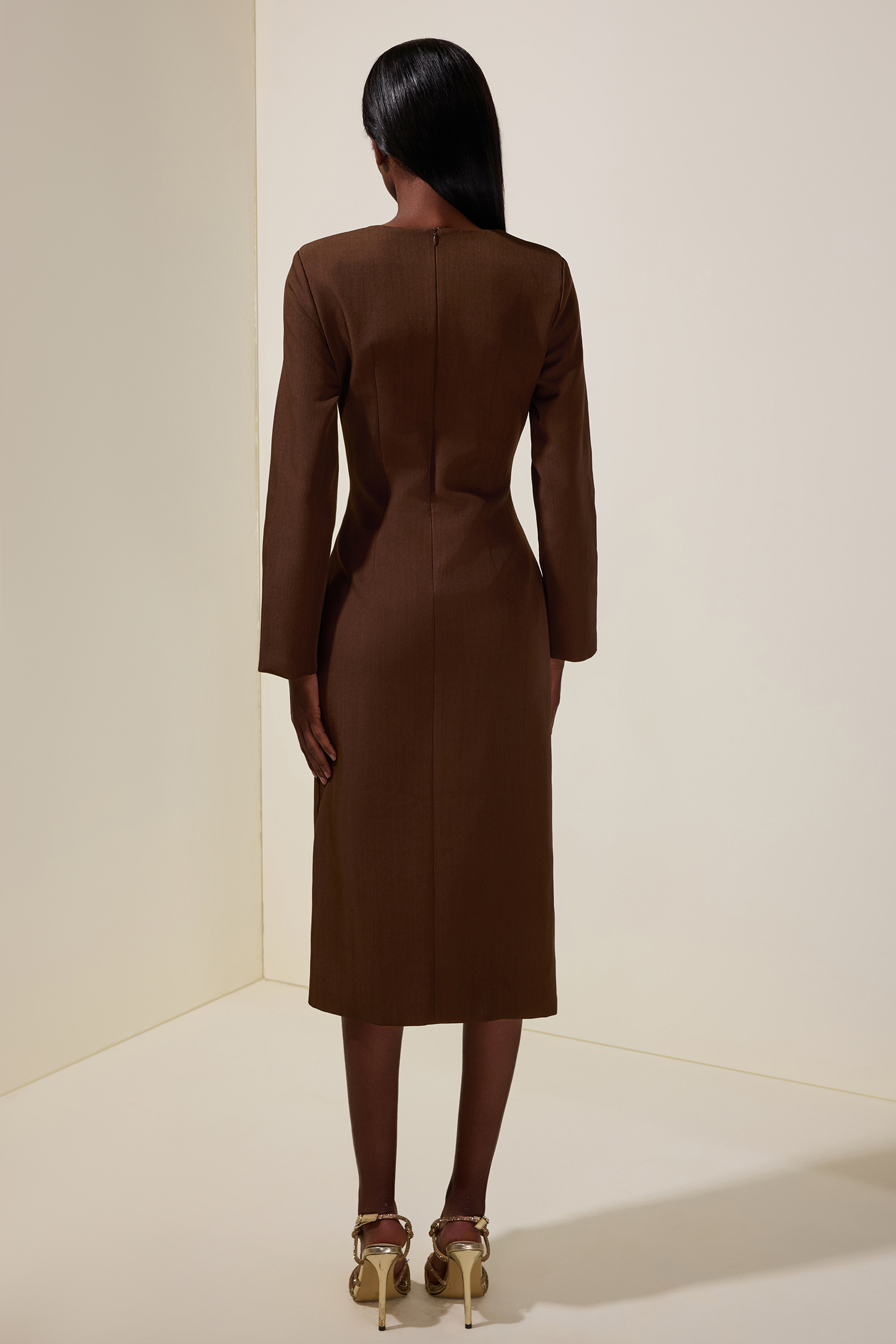 Metal Button Round Neck Long Sleeve Midi Dress