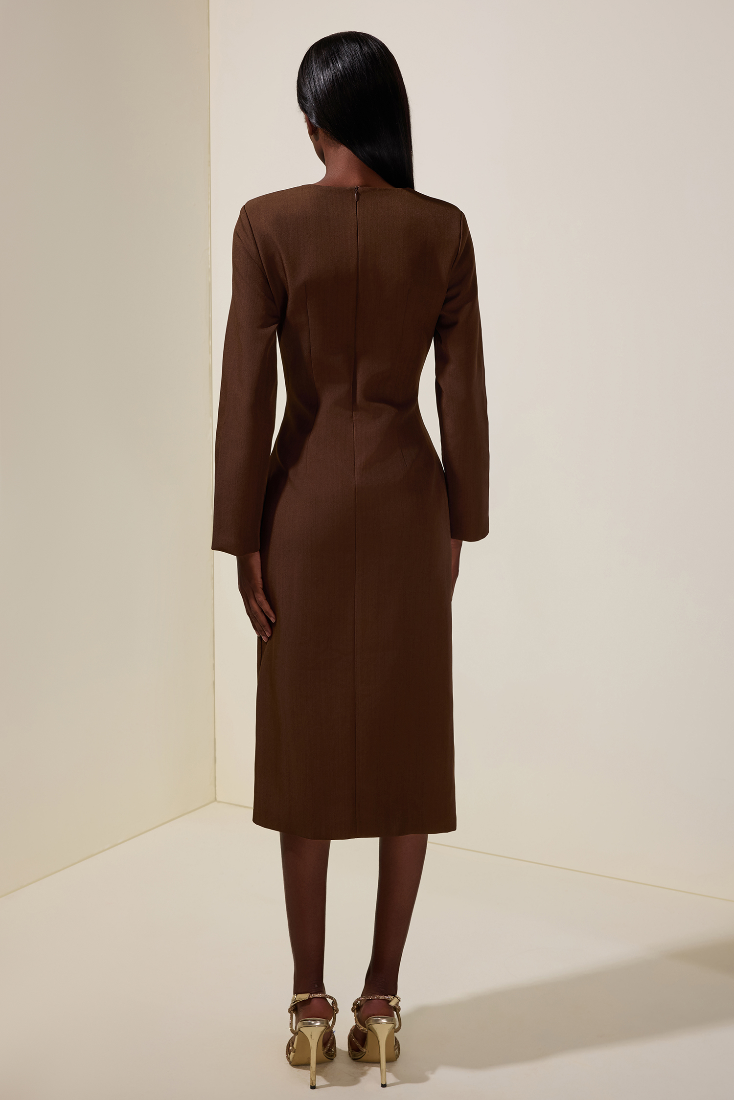 Metal Button Round Neck Long Sleeve Midi Dress