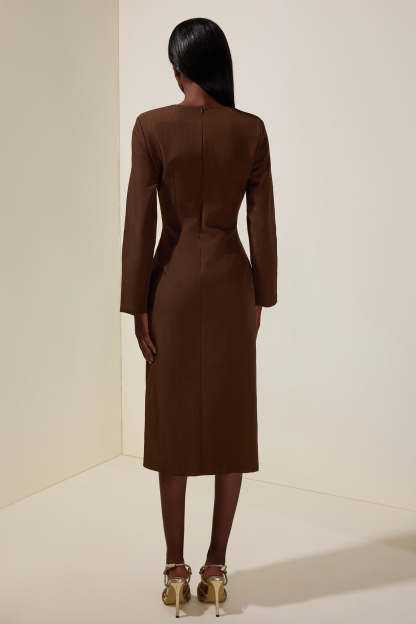 Metal Button Round Neck Long Sleeve Midi Dress