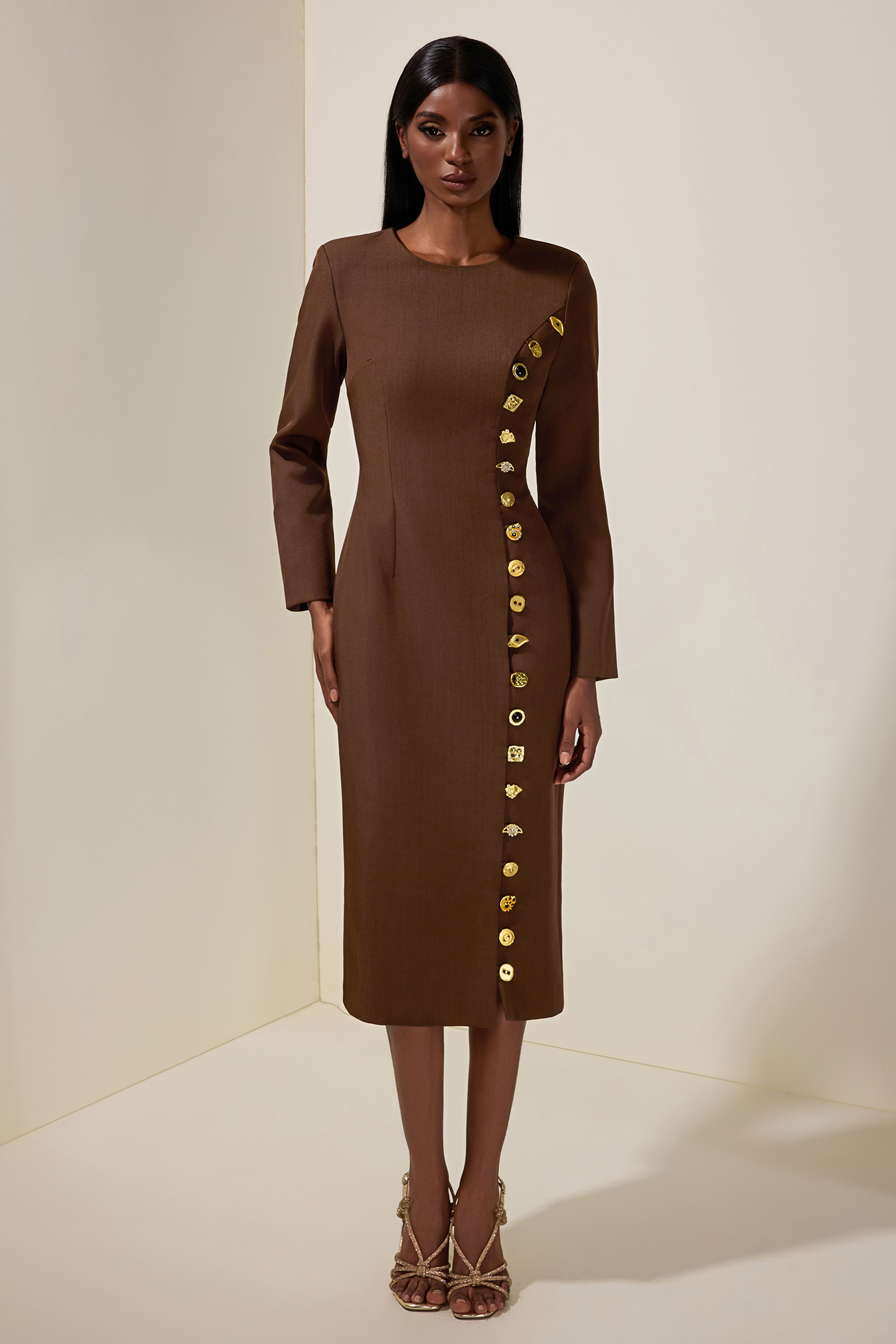 Metal Button Round Neck Long Sleeve Midi Dress