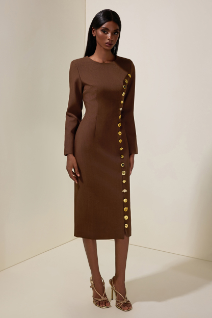 Metal Button Round Neck Long Sleeve Midi Dress