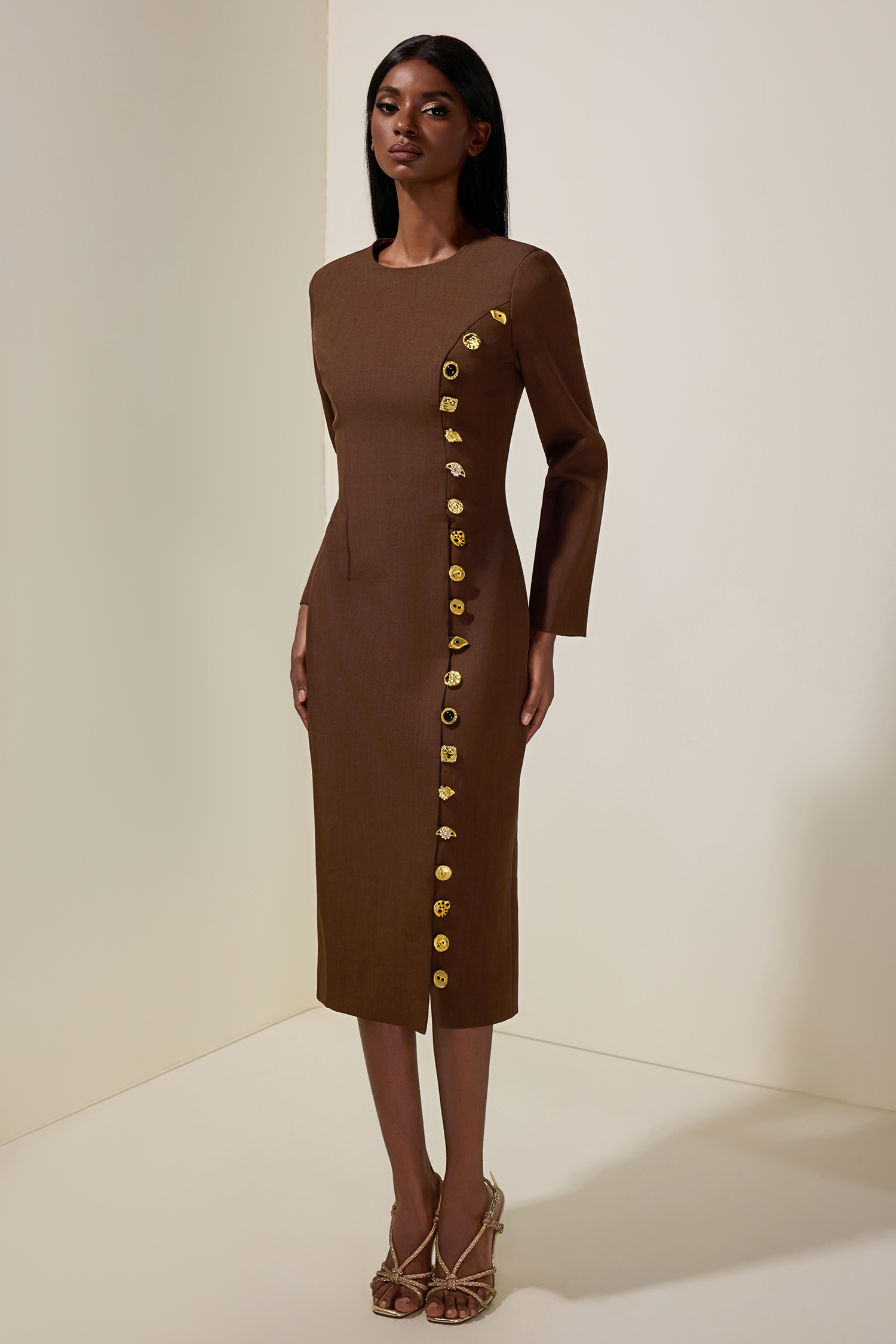 Metal Button Round Neck Long Sleeve Midi Dress