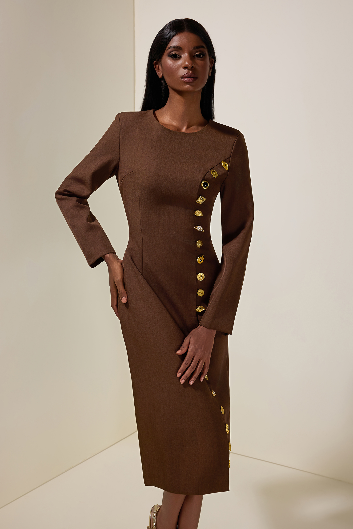 Metal Button Round Neck Long Sleeve Midi Dress