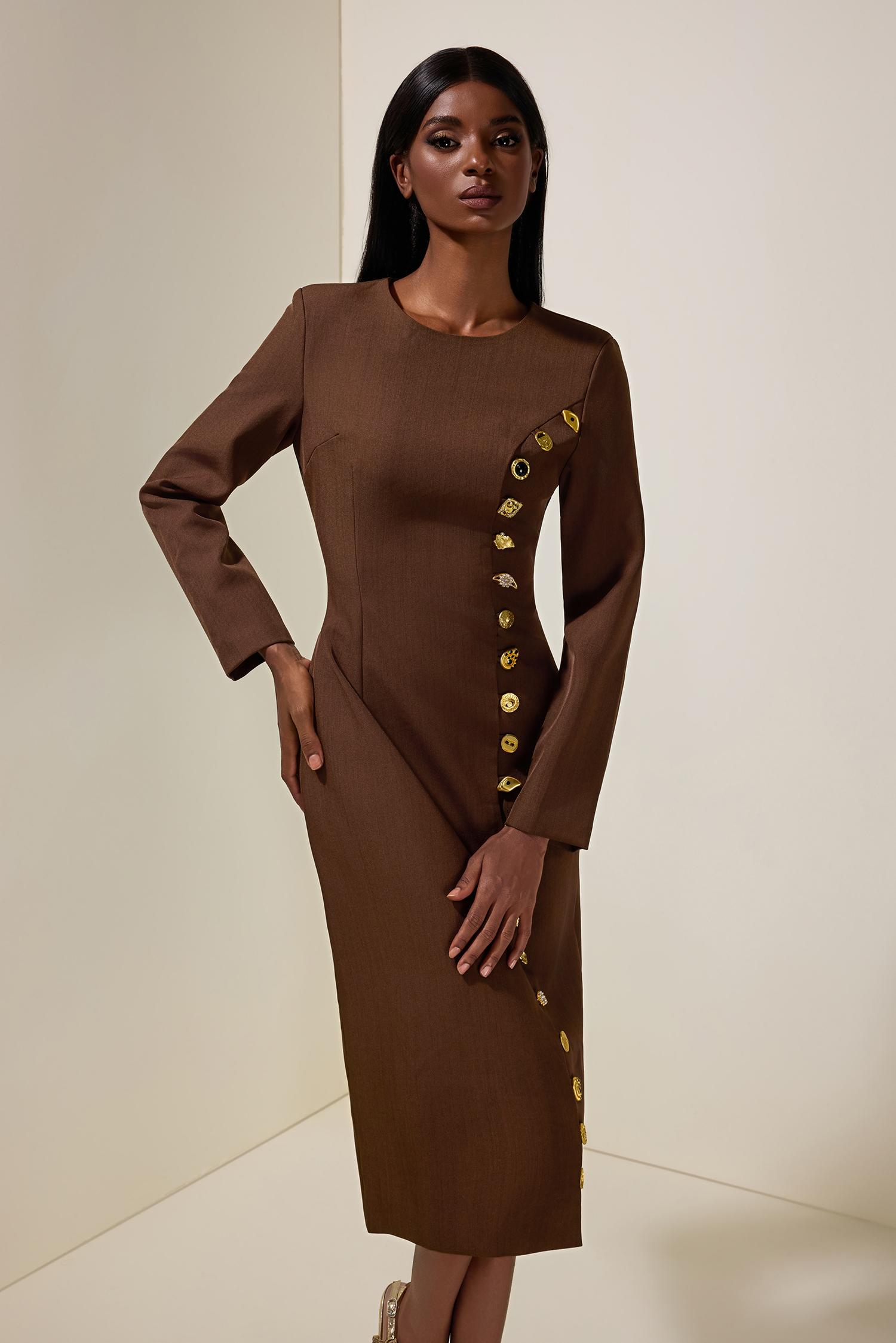 Metal Button Round Neck Long Sleeve Midi Dress