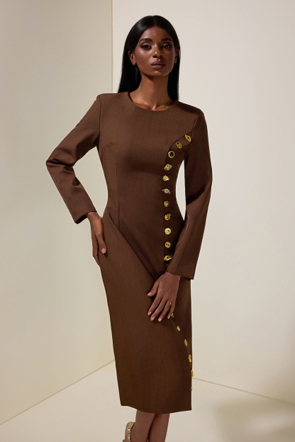 Metal Button Round Neck Long Sleeve Midi Dress