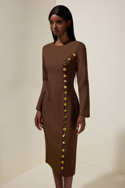 Metal Button Round Neck Long Sleeve Midi Dress