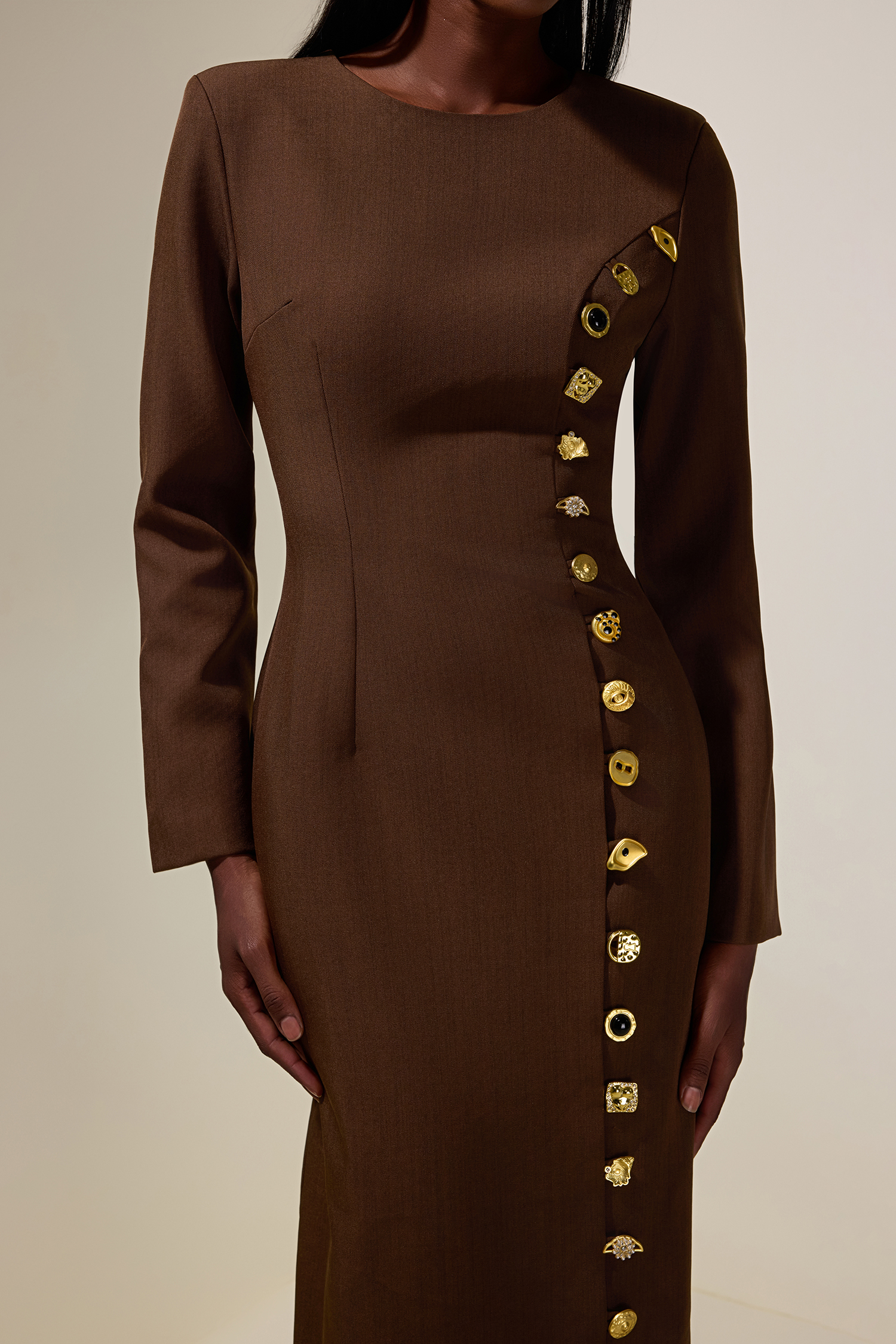 Metal Button Round Neck Long Sleeve Midi Dress