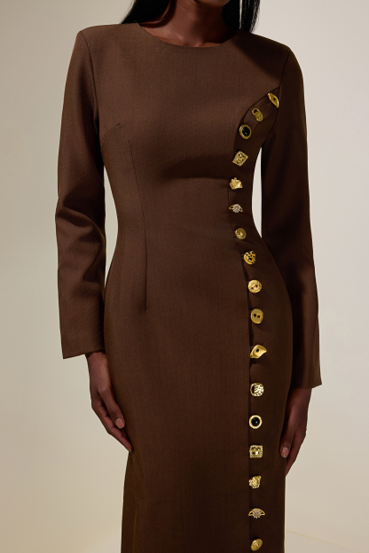Metal Button Round Neck Long Sleeve Midi Dress