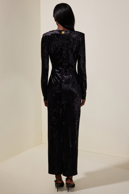 Velvet Metal Zipper Long Sleeve Midi Dress