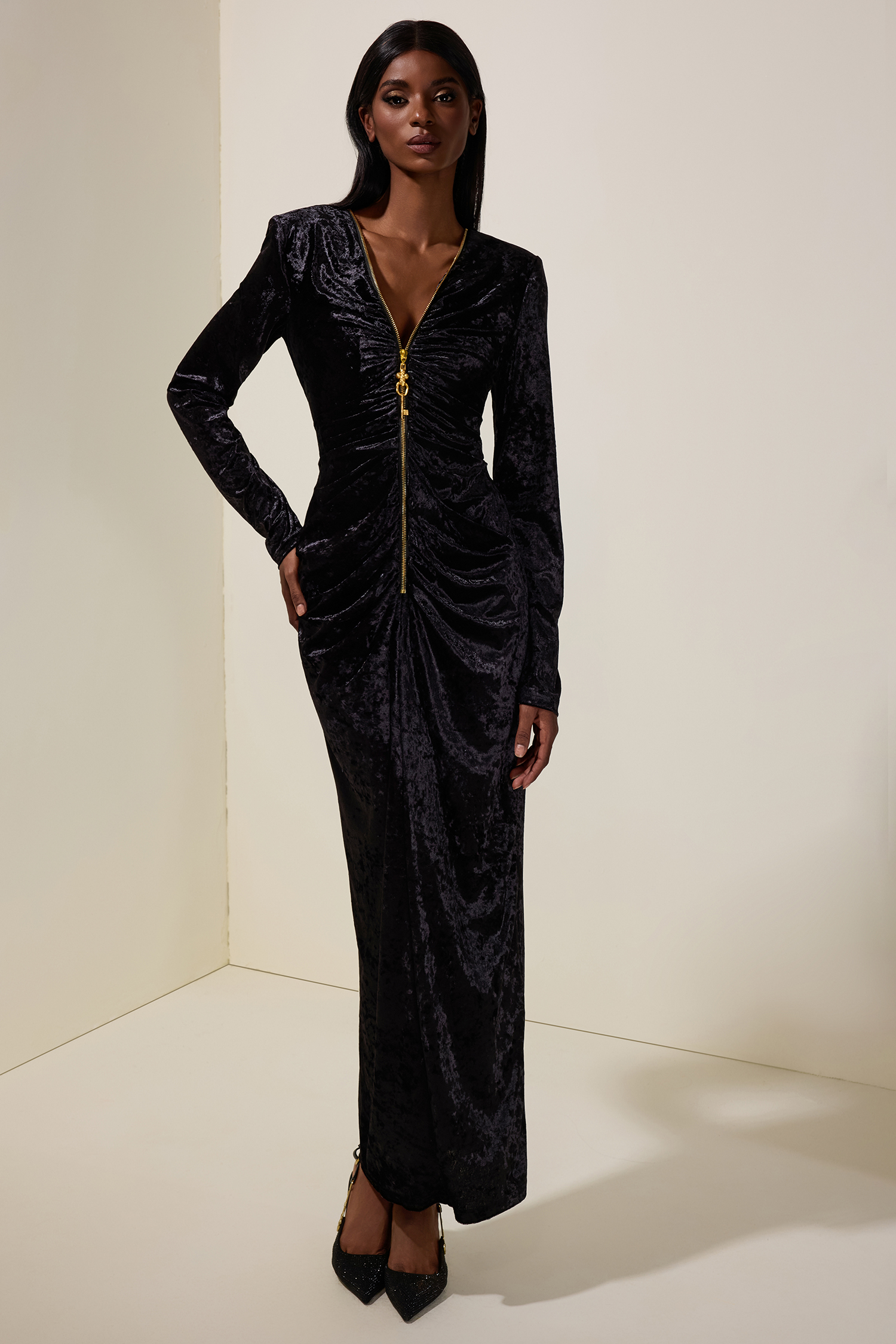 Velvet Metal Zipper Long Sleeve Midi Dress