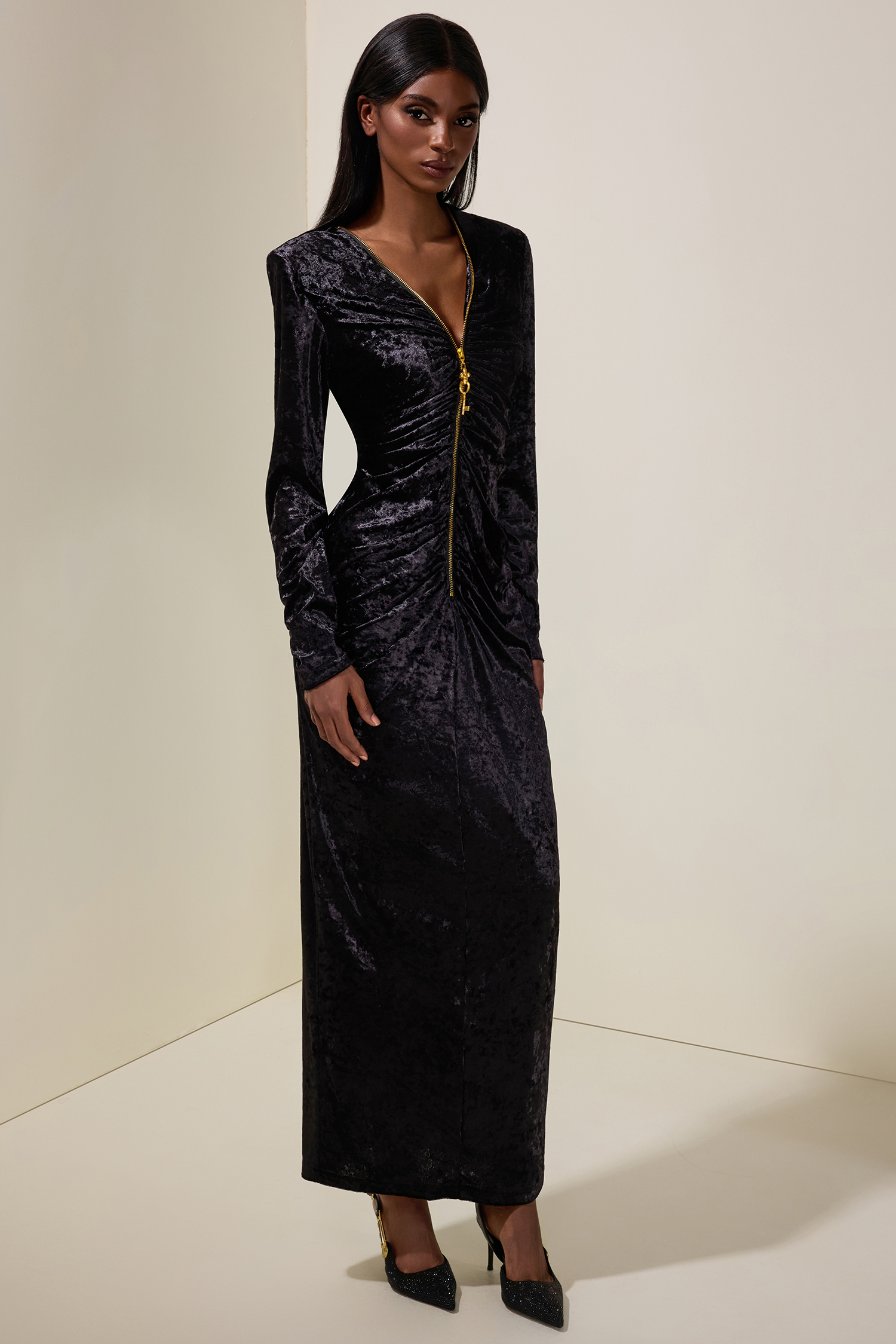 Velvet Metal Zipper Long Sleeve Midi Dress