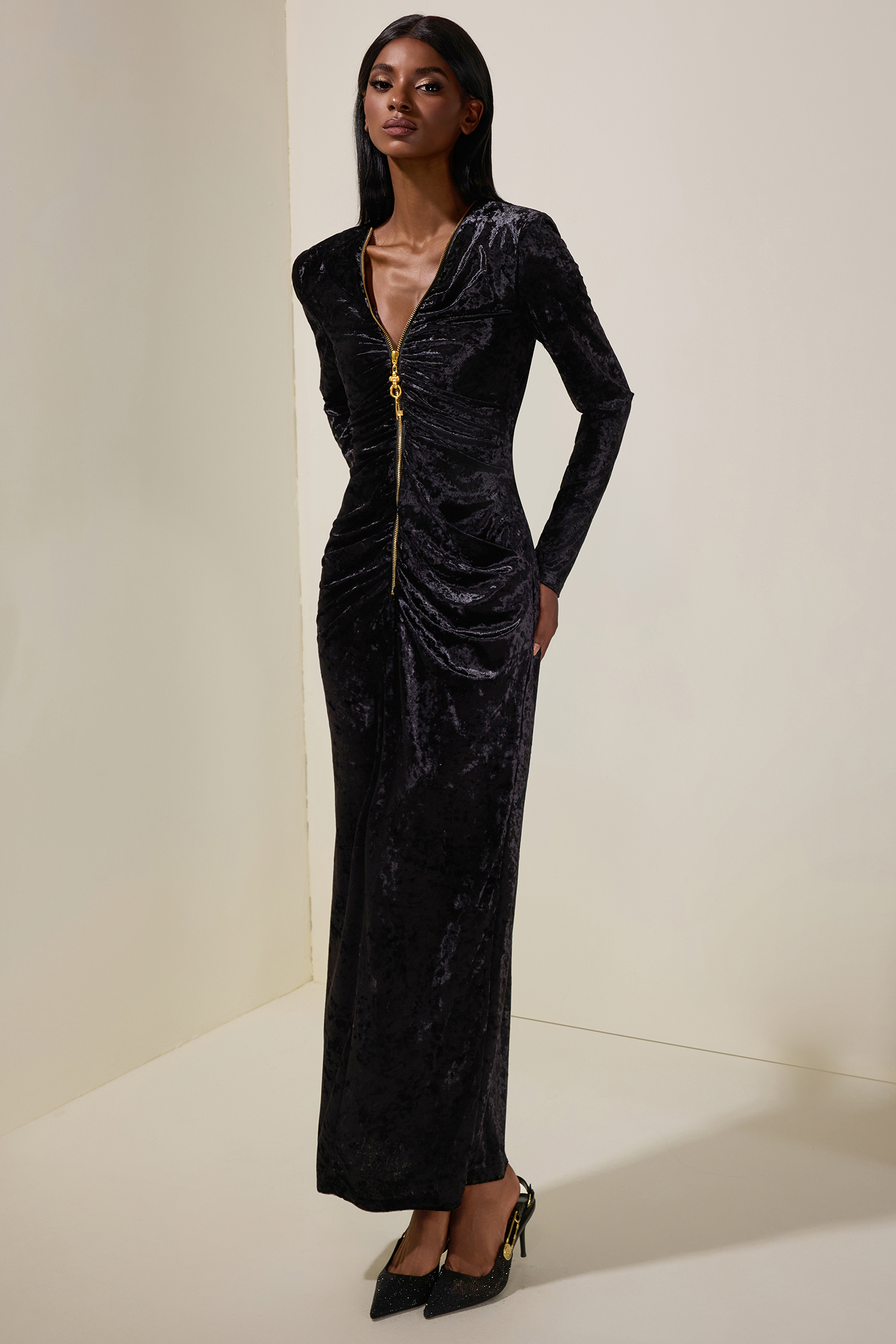 Velvet Metal Zipper Long Sleeve Midi Dress