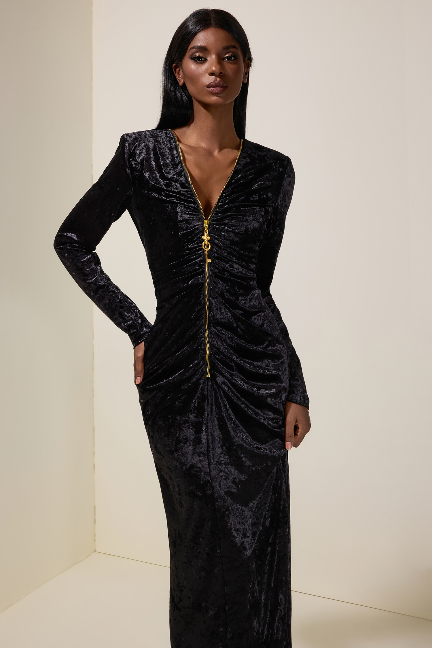 Velvet Metal Zipper Long Sleeve Midi Dress