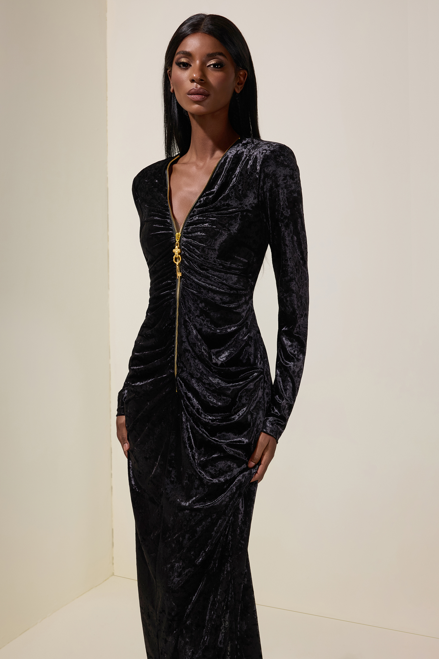 Velvet Metal Zipper Long Sleeve Midi Dress