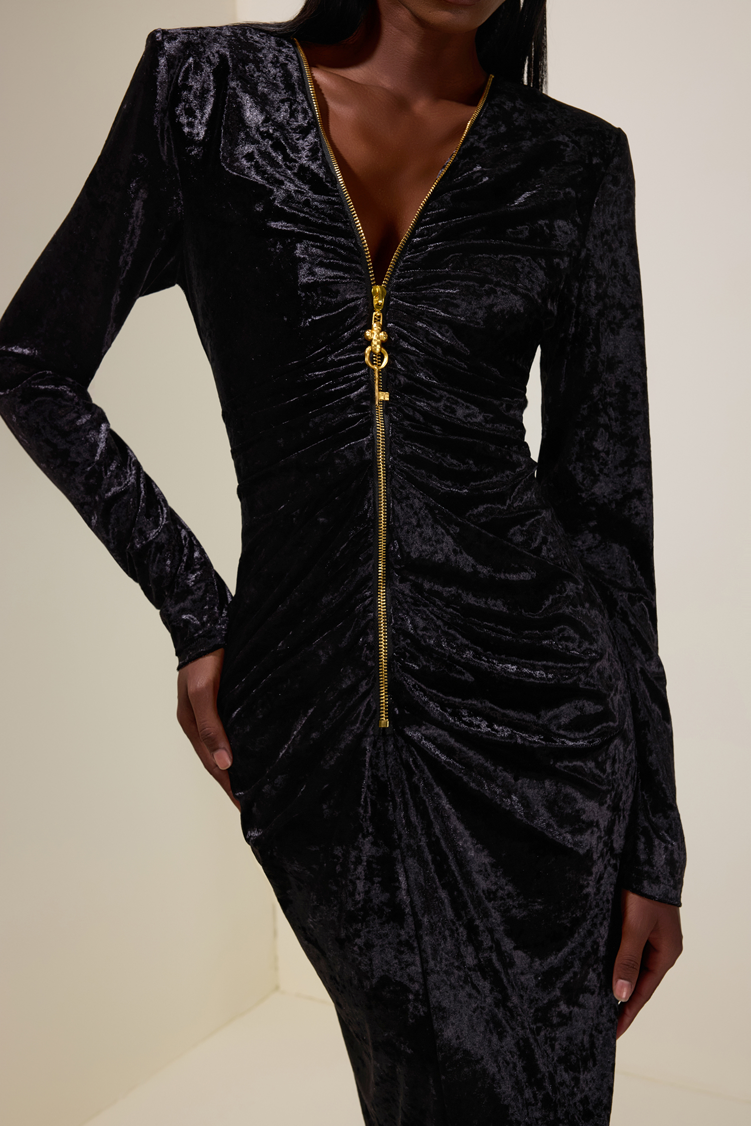 Velvet Metal Zipper Long Sleeve Midi Dress
