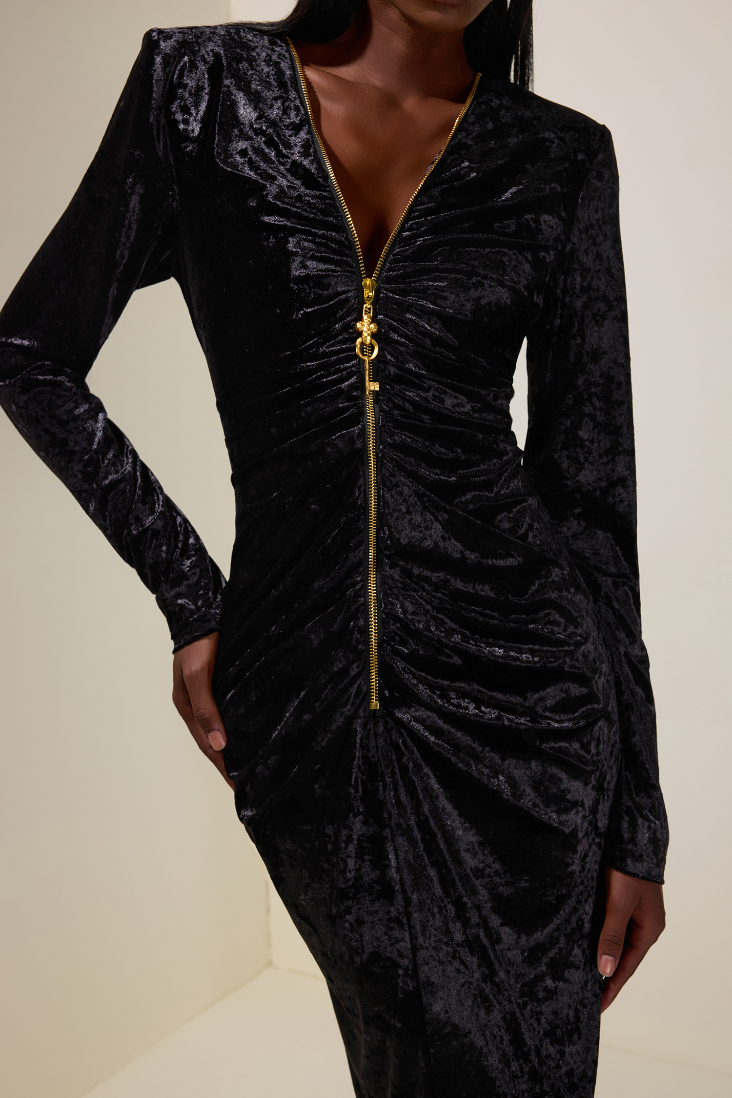 Velvet Metal Zipper Long Sleeve Midi Dress