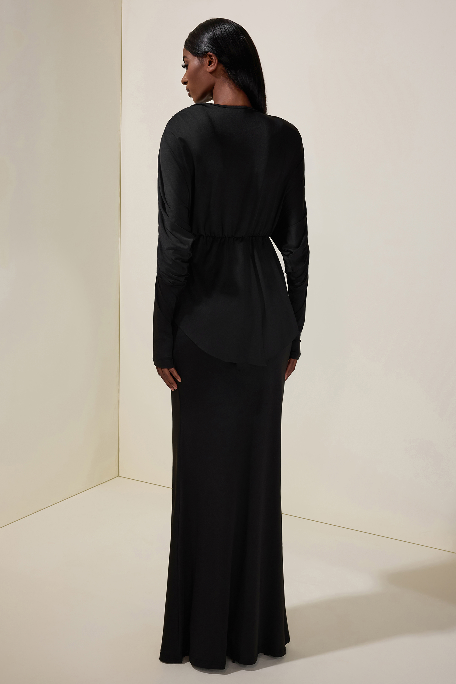 Jersey V-Neck Gathering Top & High Waist Maxi Skirt Set