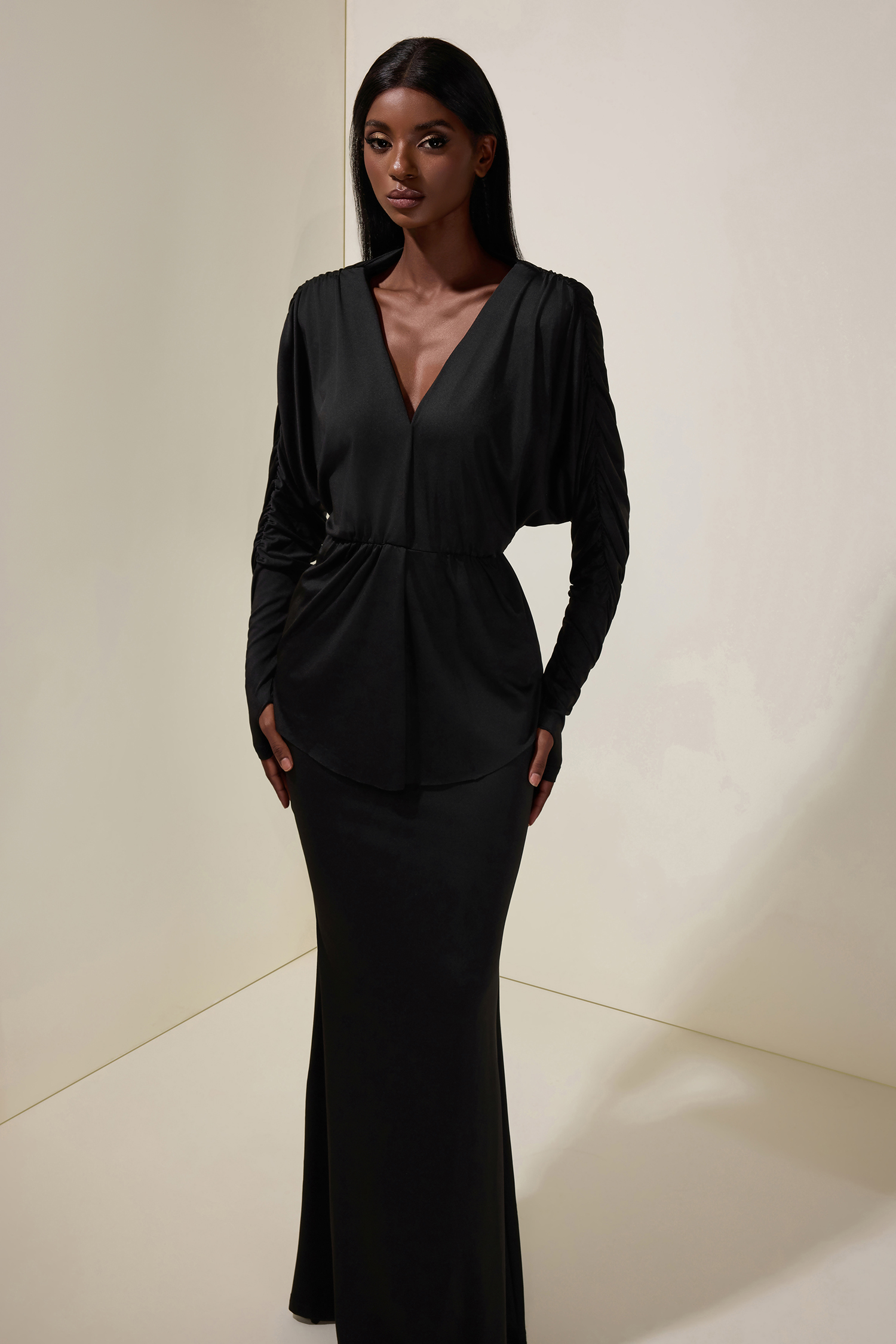 Jersey V-Neck Gathering Top & High Waist Maxi Skirt Set