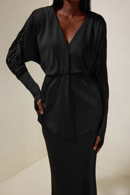 Jersey V-Neck Gathering Top & High Waist Maxi Skirt Set