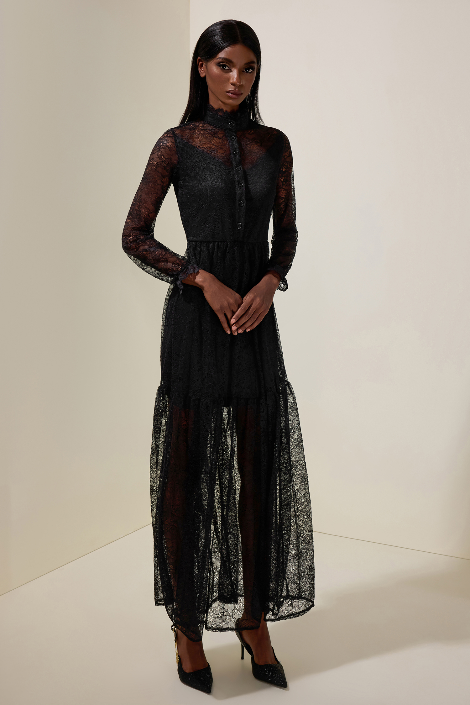 Lace Long Sleeve See-Through Maxi Dress