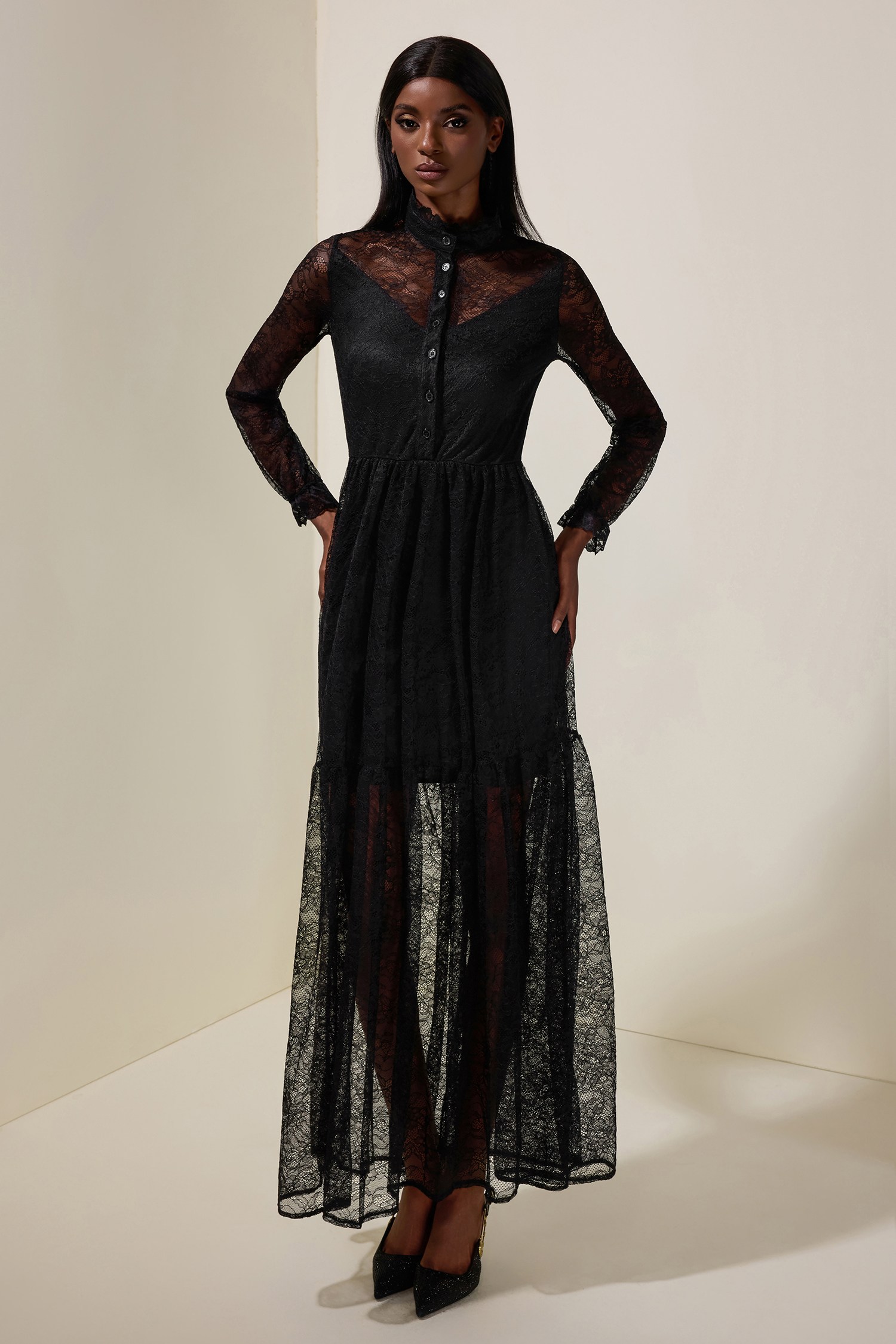 Lace Long Sleeve See-Through Maxi Dress