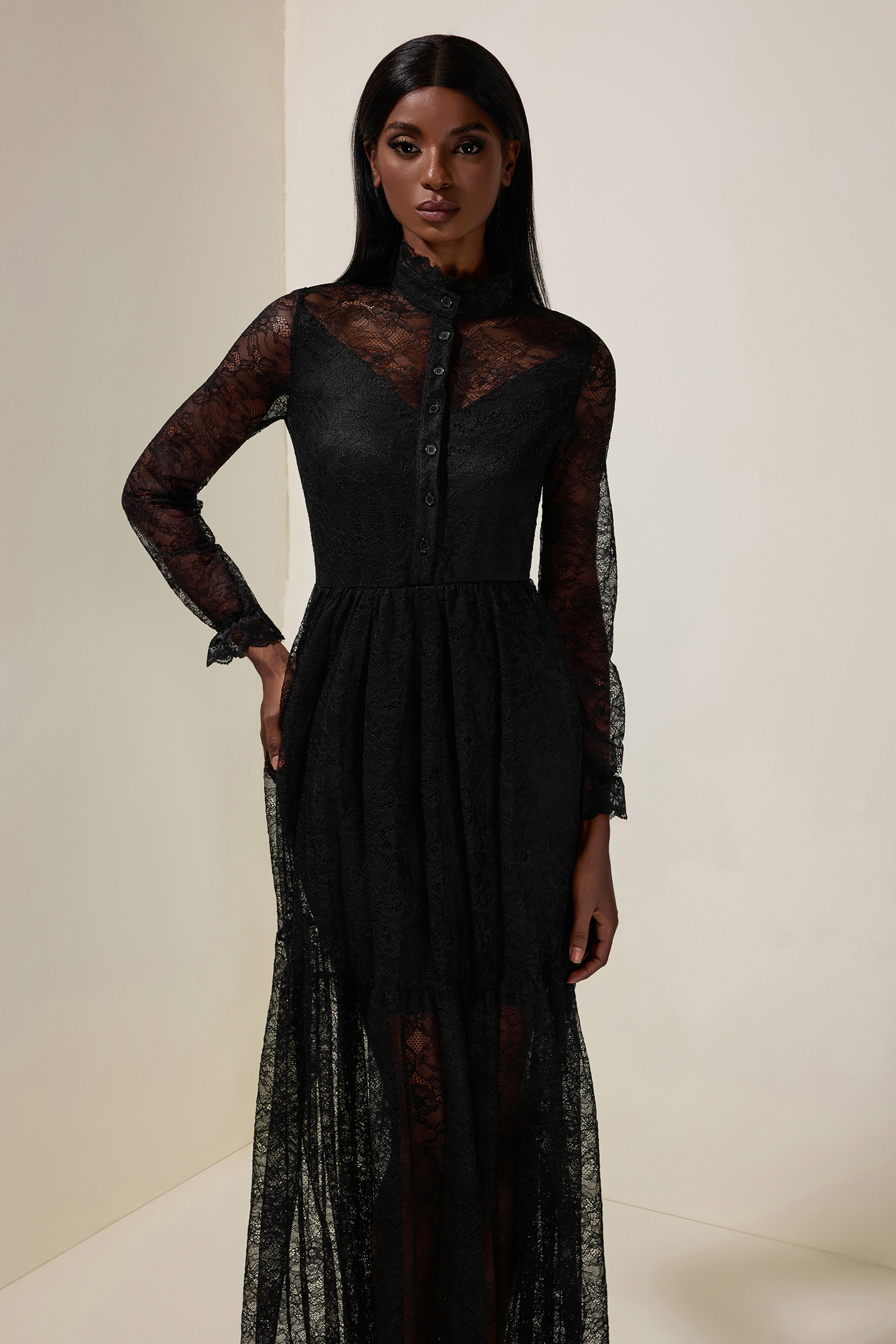 Lace Long Sleeve See-Through Maxi Dress