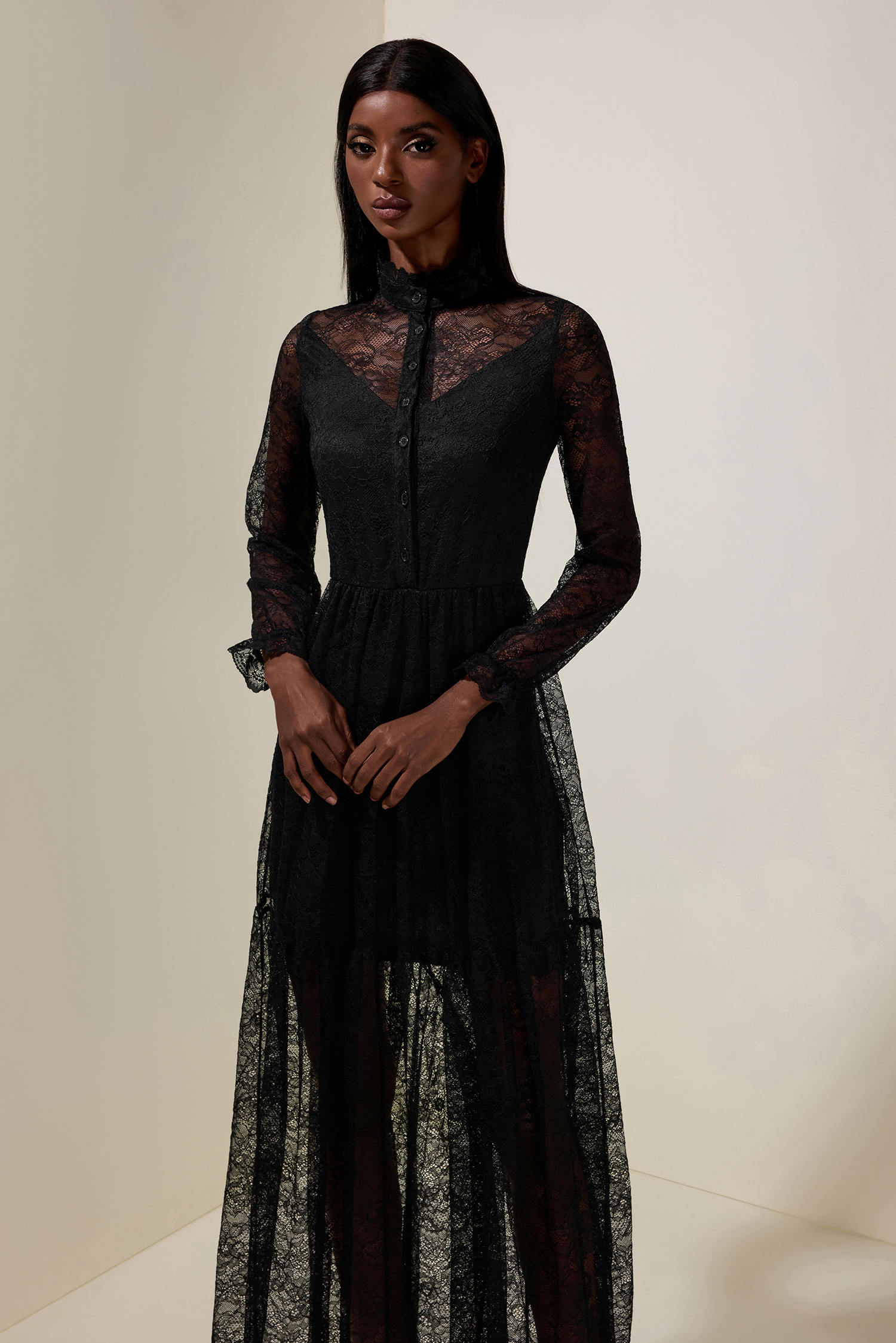 Lace Long Sleeve See-Through Maxi Dress