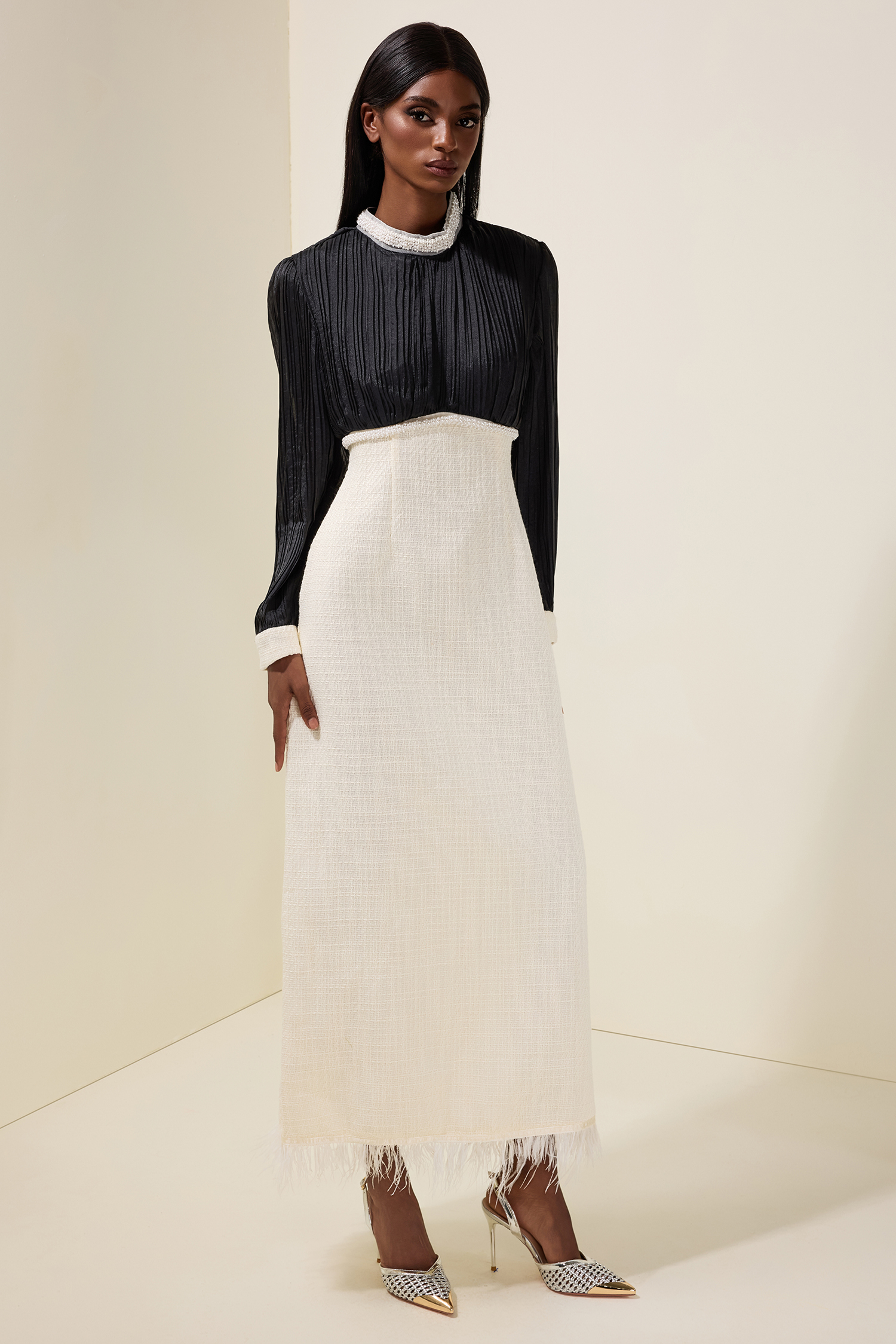 Tweed Contrast Color Rhinestone Feather Midi Dress