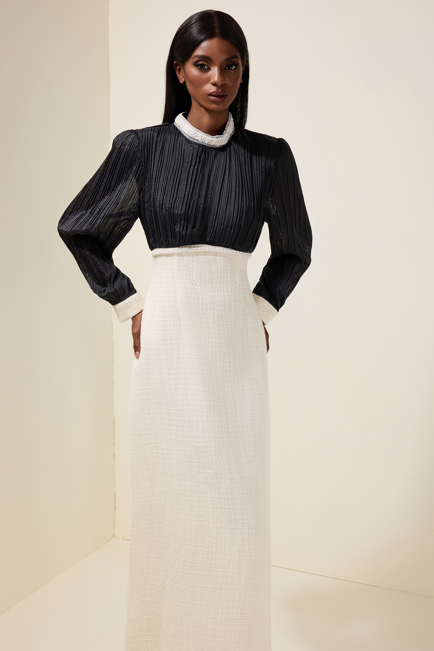 Tweed Contrast Color Rhinestone Feather Midi Dress