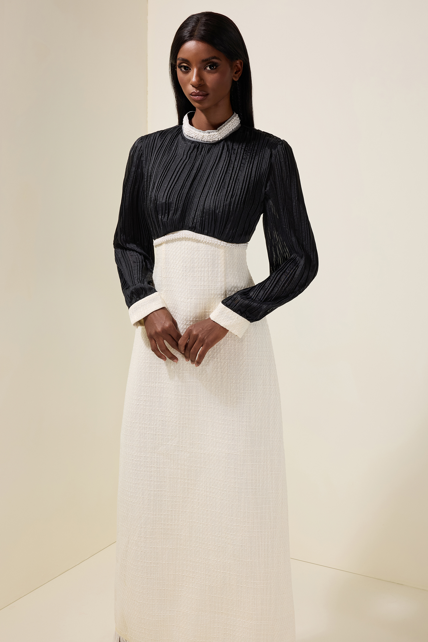 Tweed Contrast Color Rhinestone Feather Midi Dress