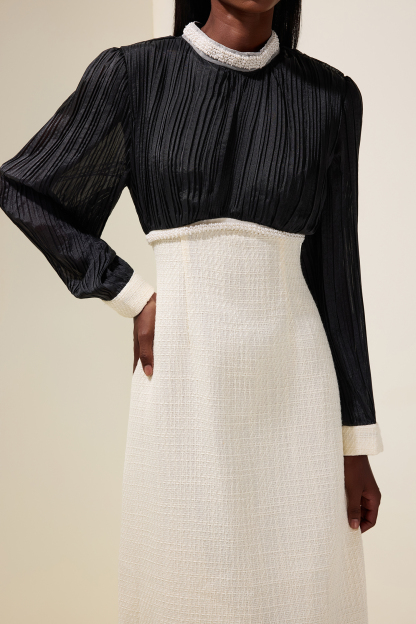 Tweed Contrast Color Rhinestone Feather Midi Dress