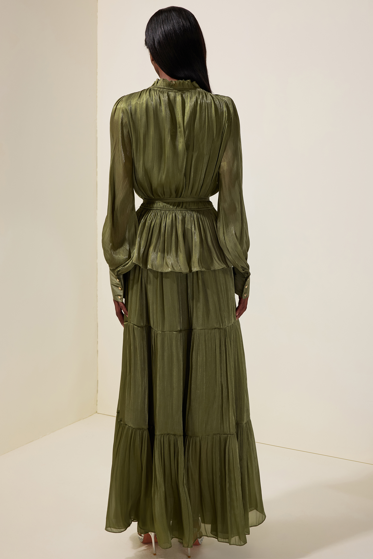 Satin Ruffle Long Sleeve Maxi Dress With Belt