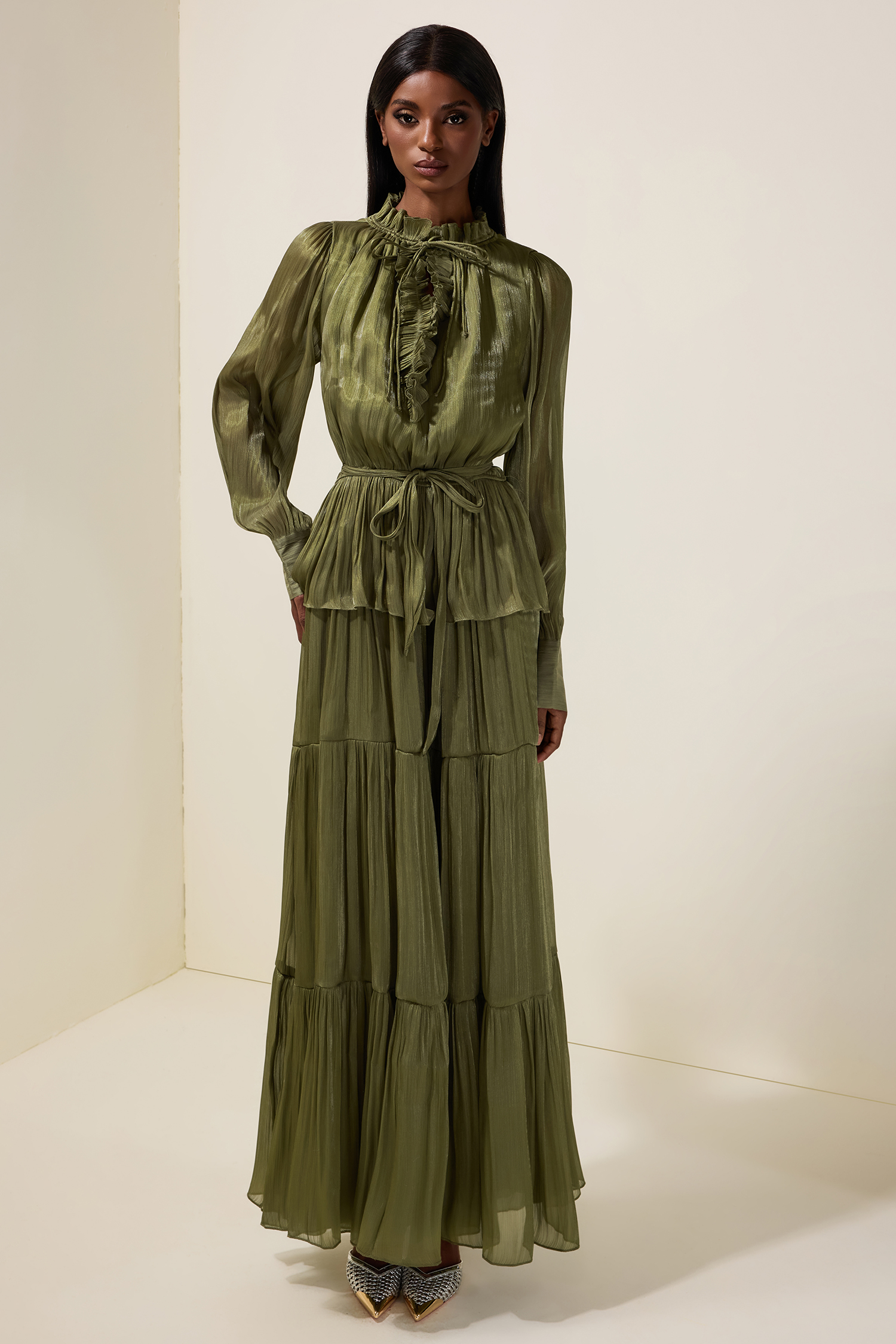 Satin Ruffle Long Sleeve Maxi Dress With Belt