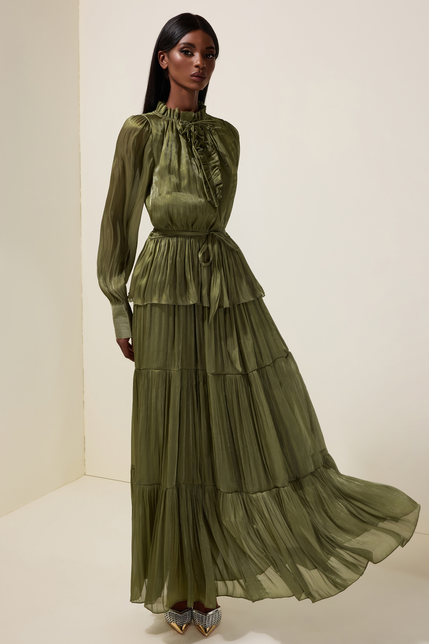 Satin Ruffle Long Sleeve Maxi Dress With Belt